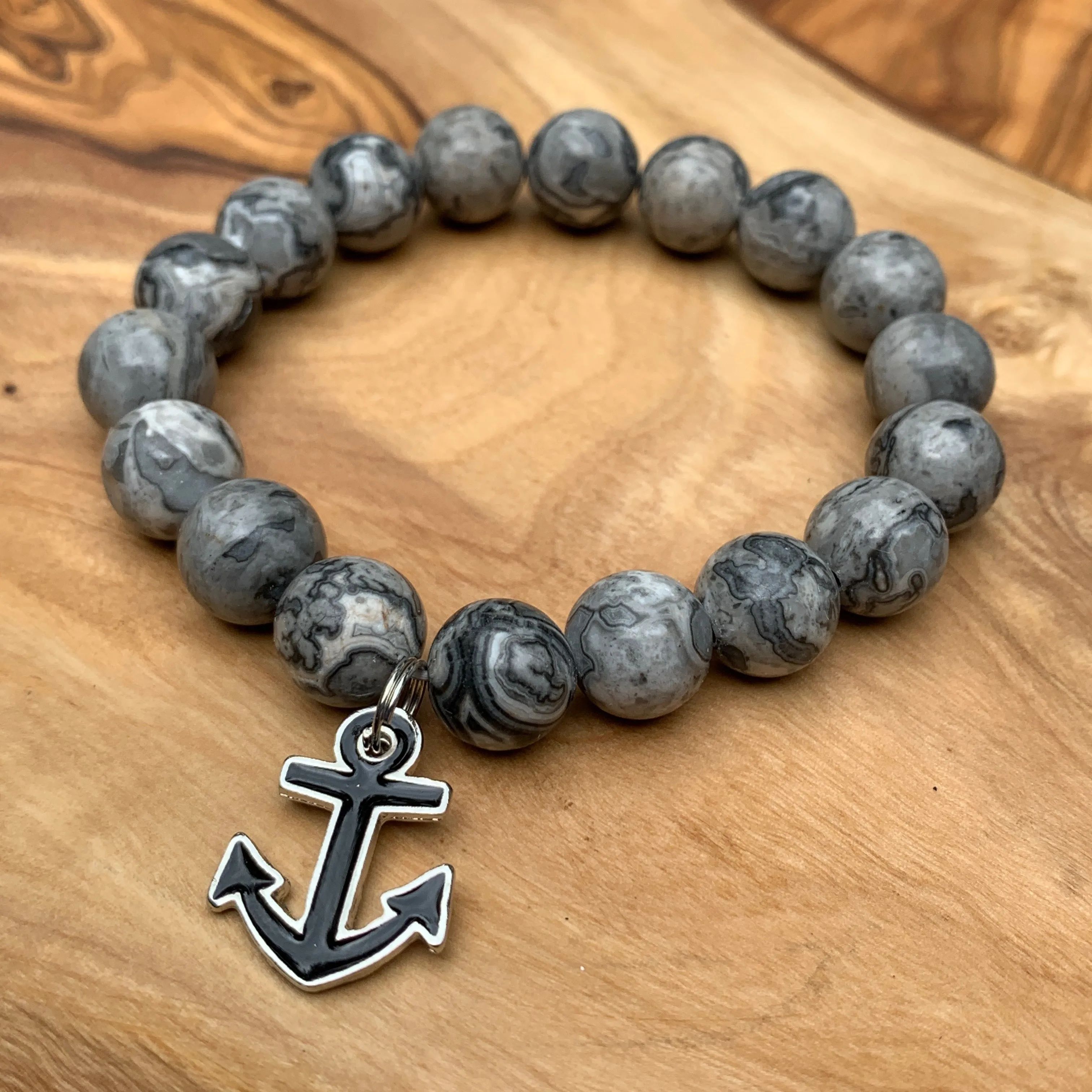 Jade Gray Stretch Stone Bead Bracelet with Anchor charm