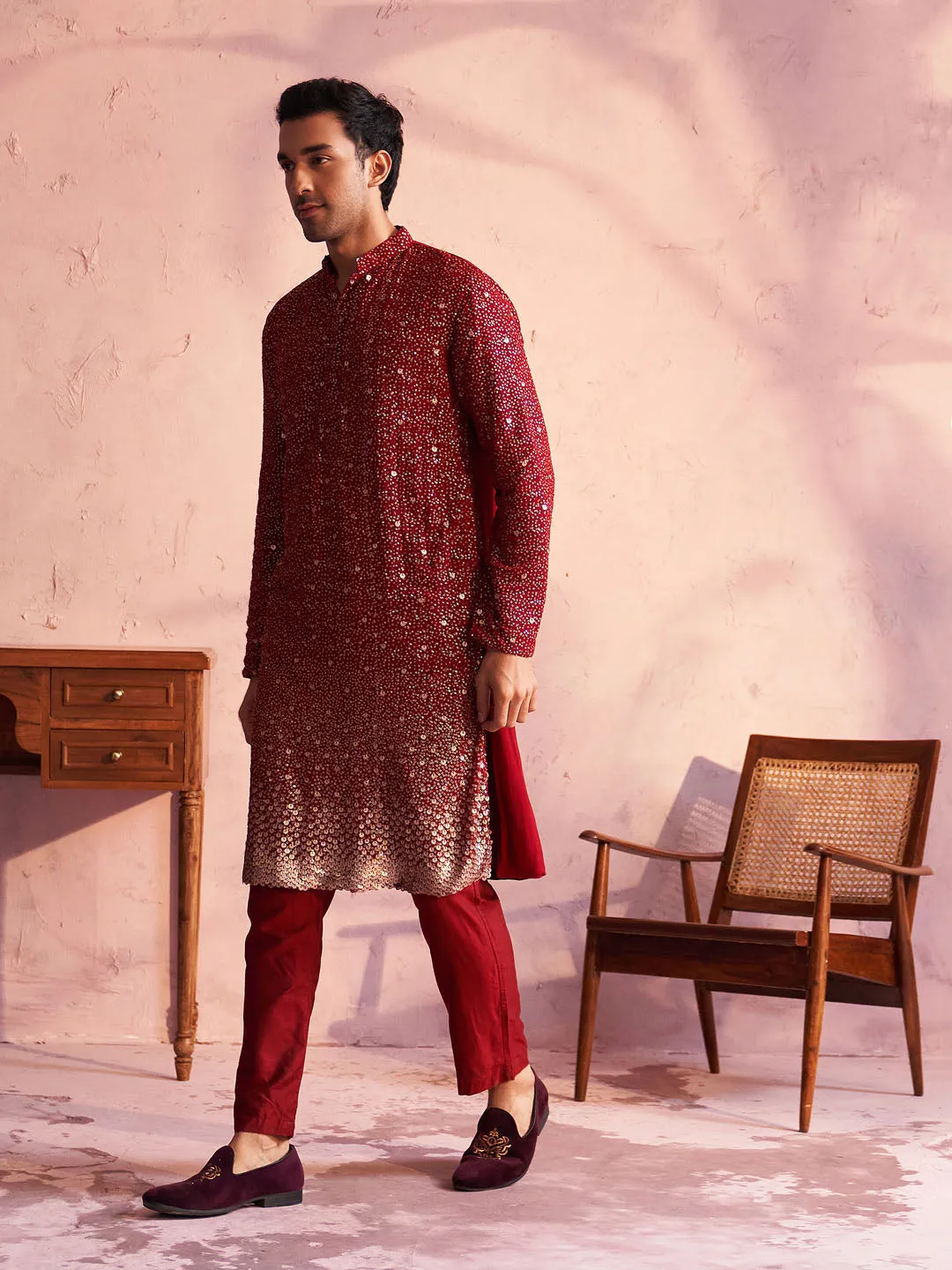 Jashvi Men's Maroon Georgette Zari With Sequins Worked Kurta pant Set