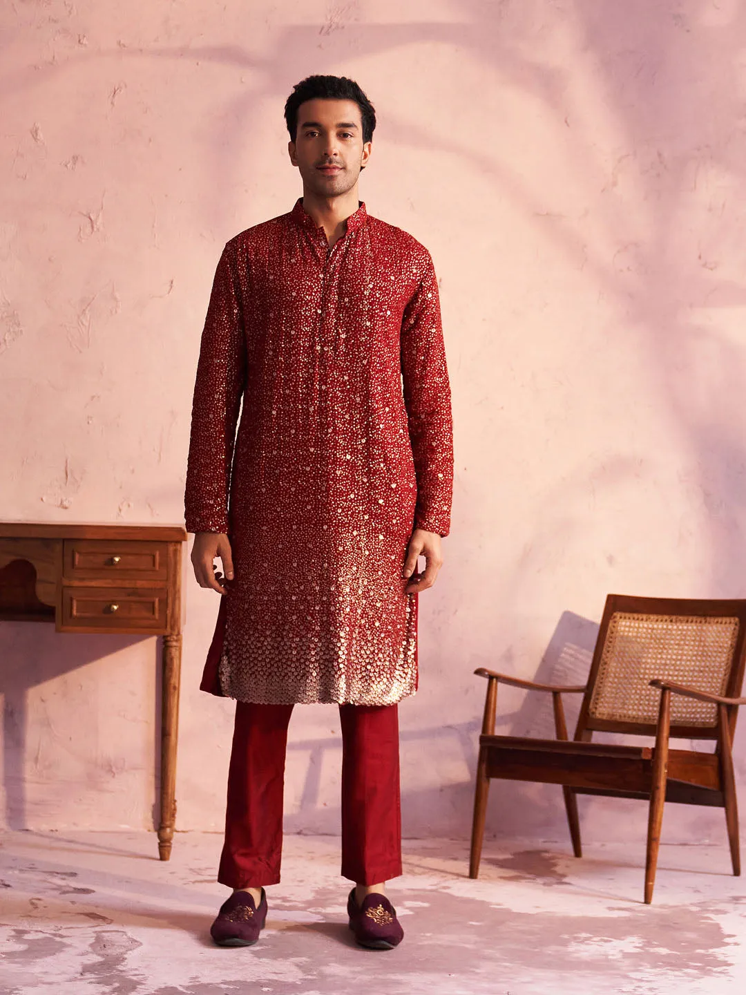 Jashvi Men's Maroon Georgette Zari With Sequins Worked Kurta pant Set