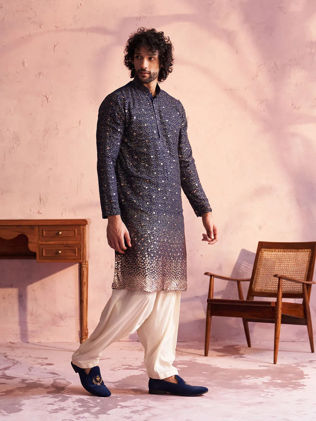 Jashvi Men's Navy Blue Georgette Zari With Sequins Worked Kurta Patiala Set