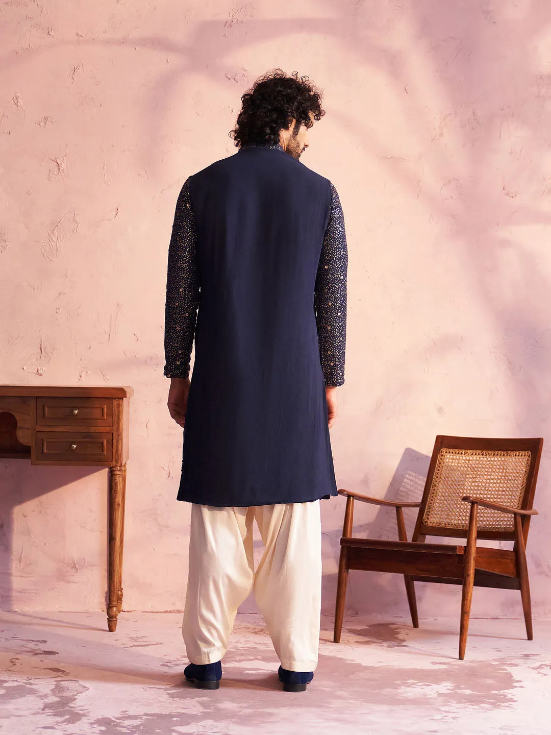 Jashvi Men's Navy Blue Georgette Zari With Sequins Worked Kurta Patiala Set