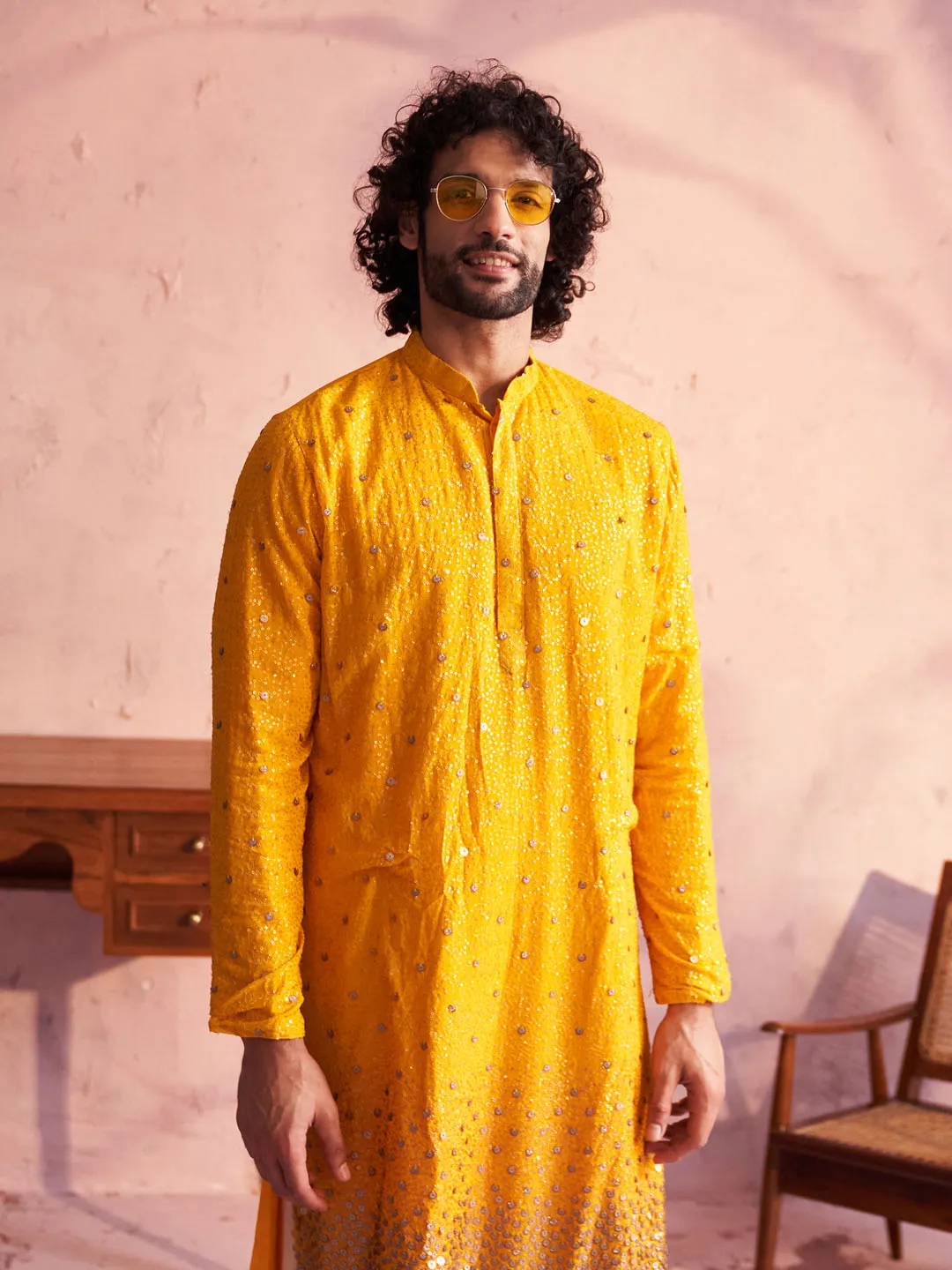 Jashvi Men's Yellow Georgette Zari With Sequins Worked Kurta Patiala Set