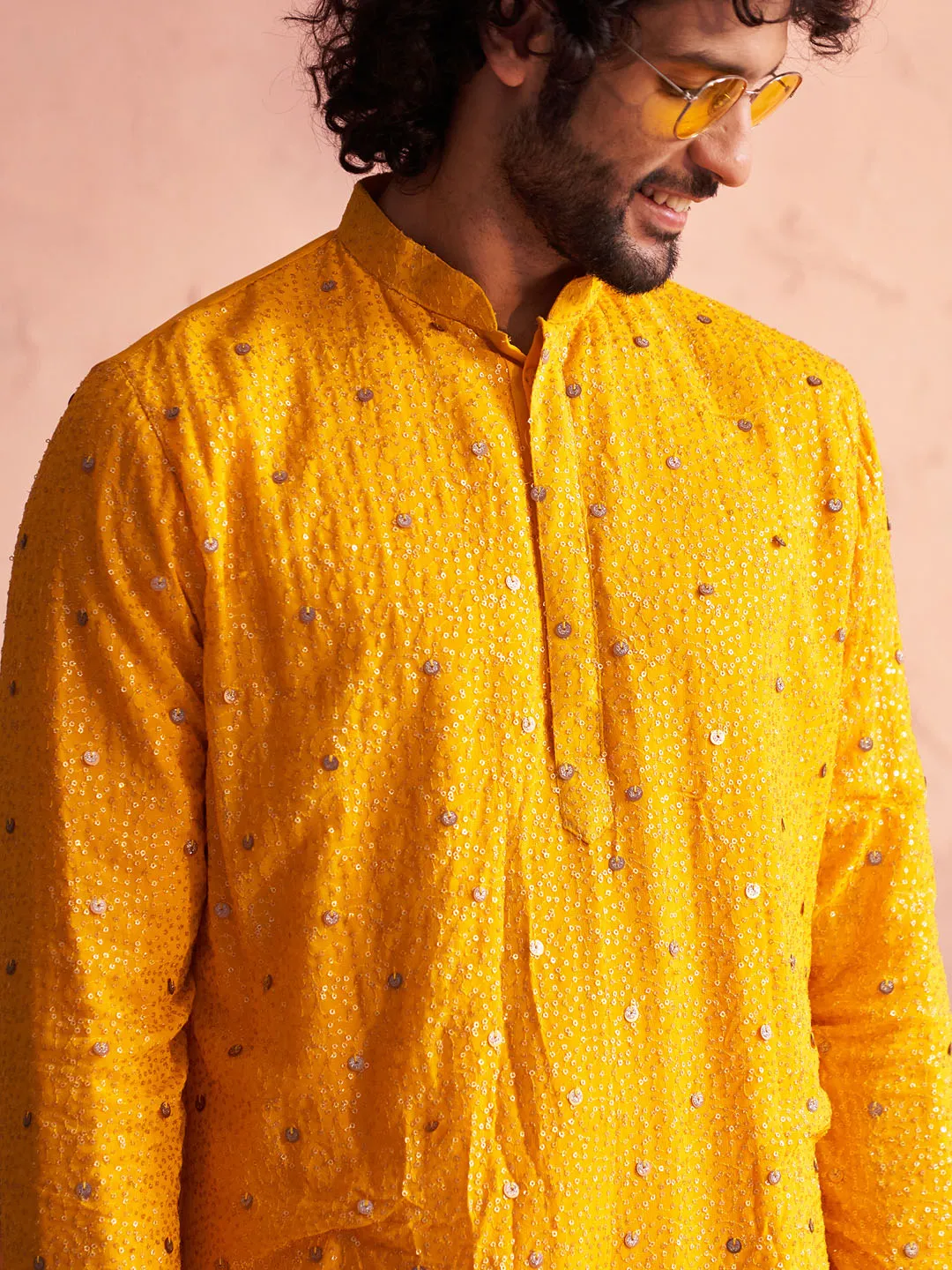 Jashvi Men's Yellow Georgette Zari With Sequins Worked Kurta Patiala Set