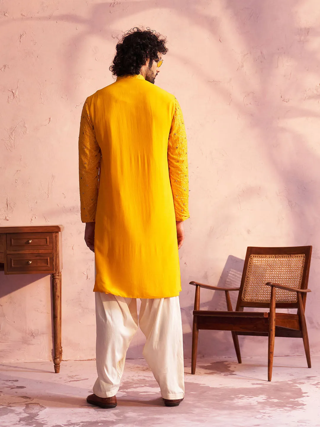 Jashvi Men's Yellow Georgette Zari With Sequins Worked Kurta Patiala Set