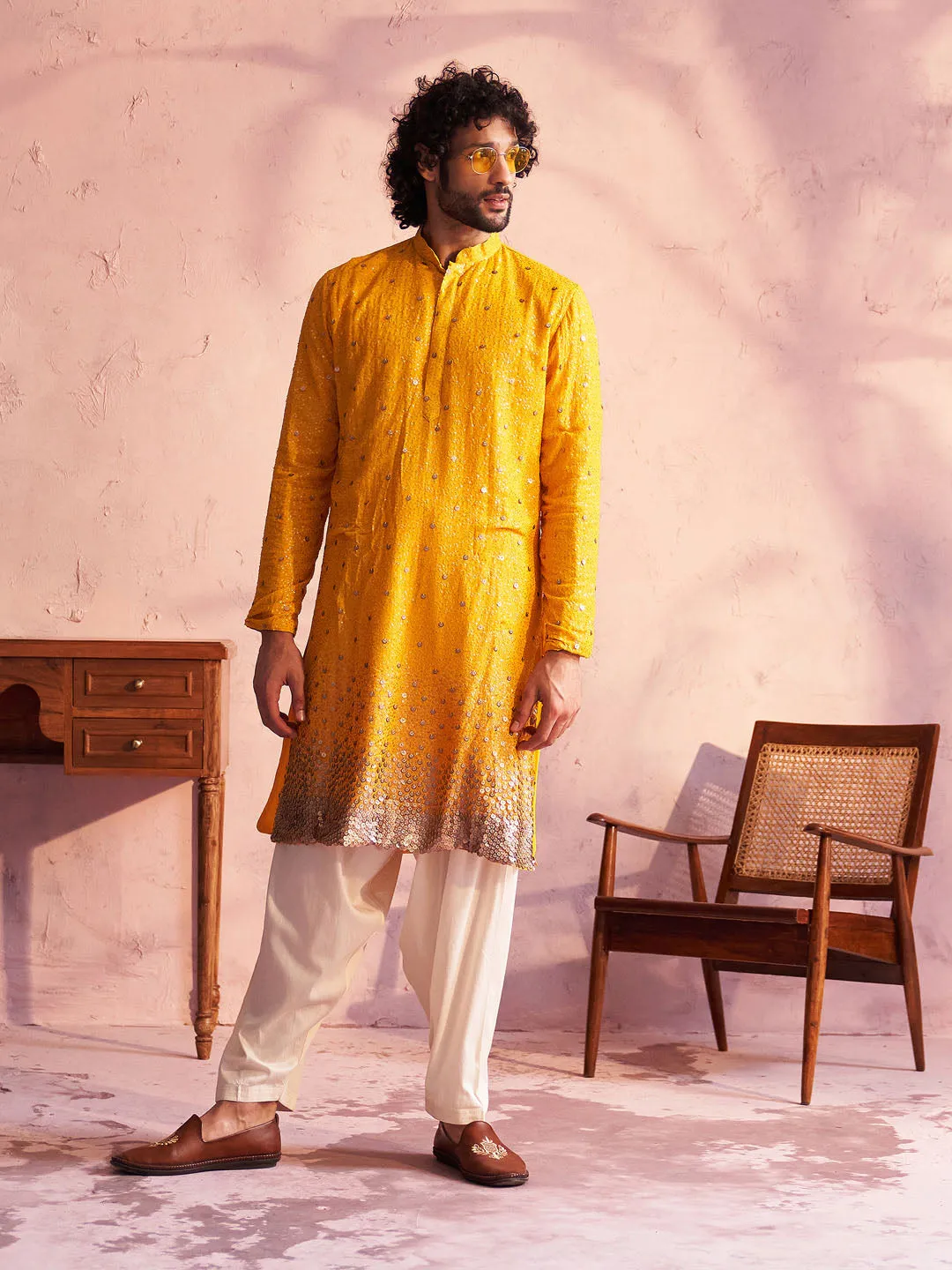 Jashvi Men's Yellow Georgette Zari With Sequins Worked Kurta Patiala Set