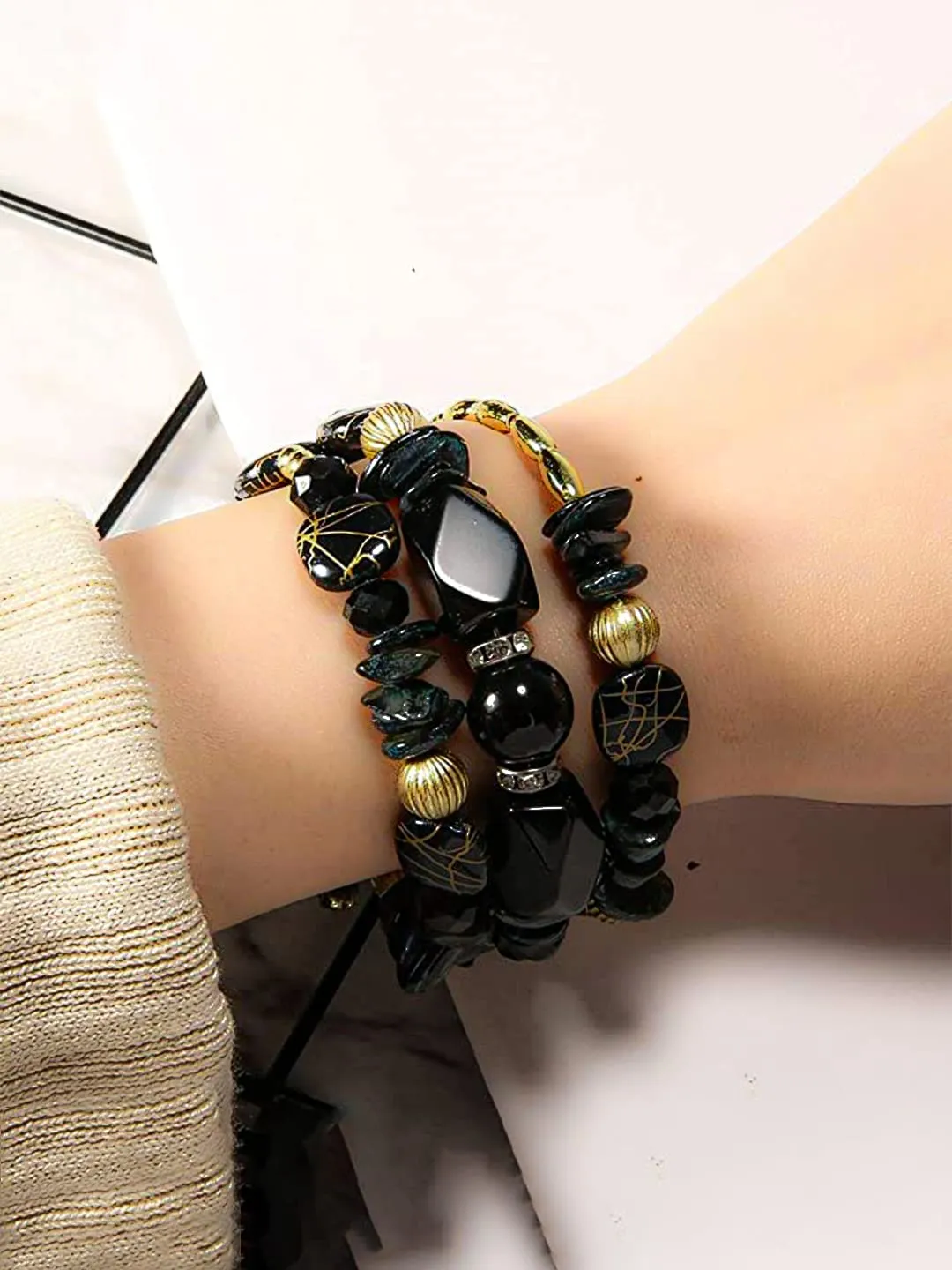 Kairangi Bracelet for Women and Girls Fashion Black Beads Bracelets for Women | Bohemian Bead Bracelet | Stretch Beaded Layered Bracelet | Birthday Gift For girls and Women