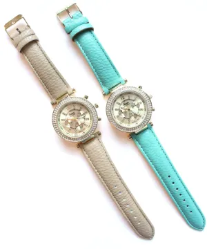 Leather Round Face Sparkle Watches- 2 Color Options