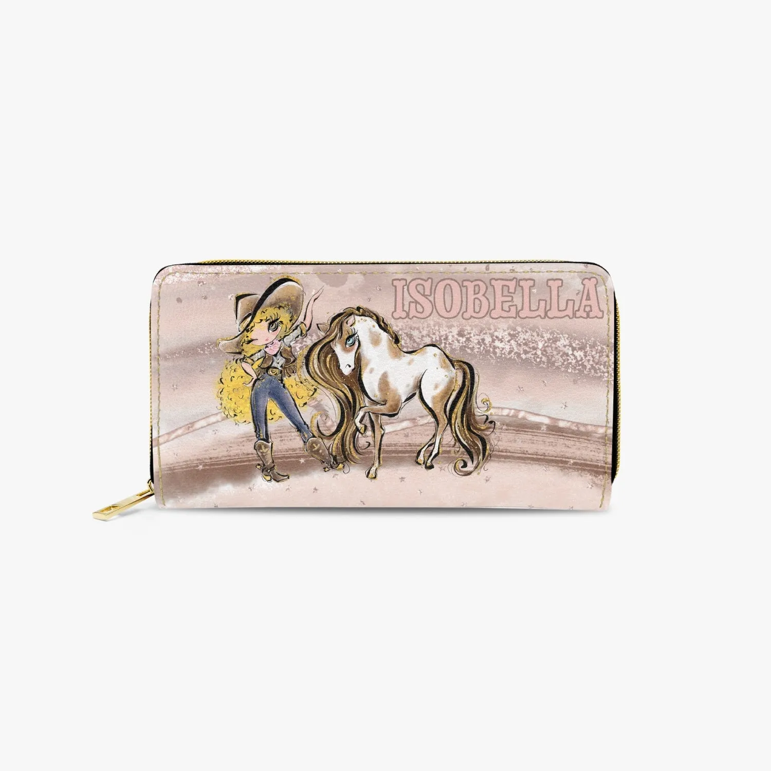 Long Type Zipper Purse, Howdy Cowgirl & Horse, Blonde Curly Hair Brown Eyes, Personalised