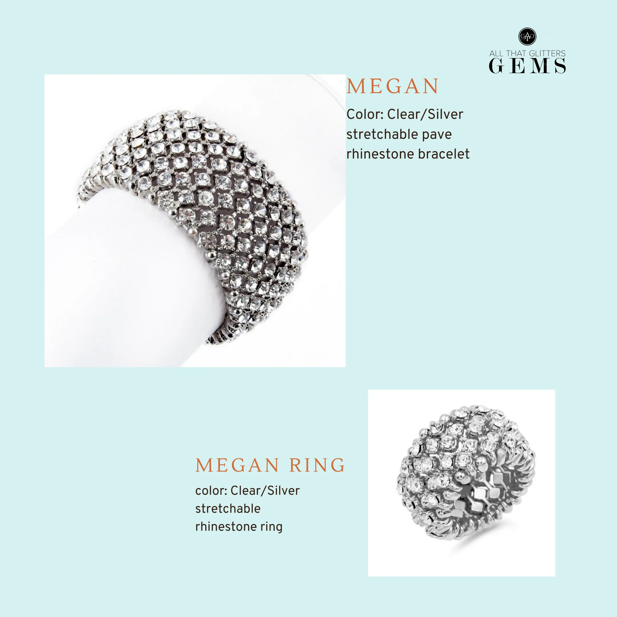 Megan - clear silver stretch pave rhinestone set