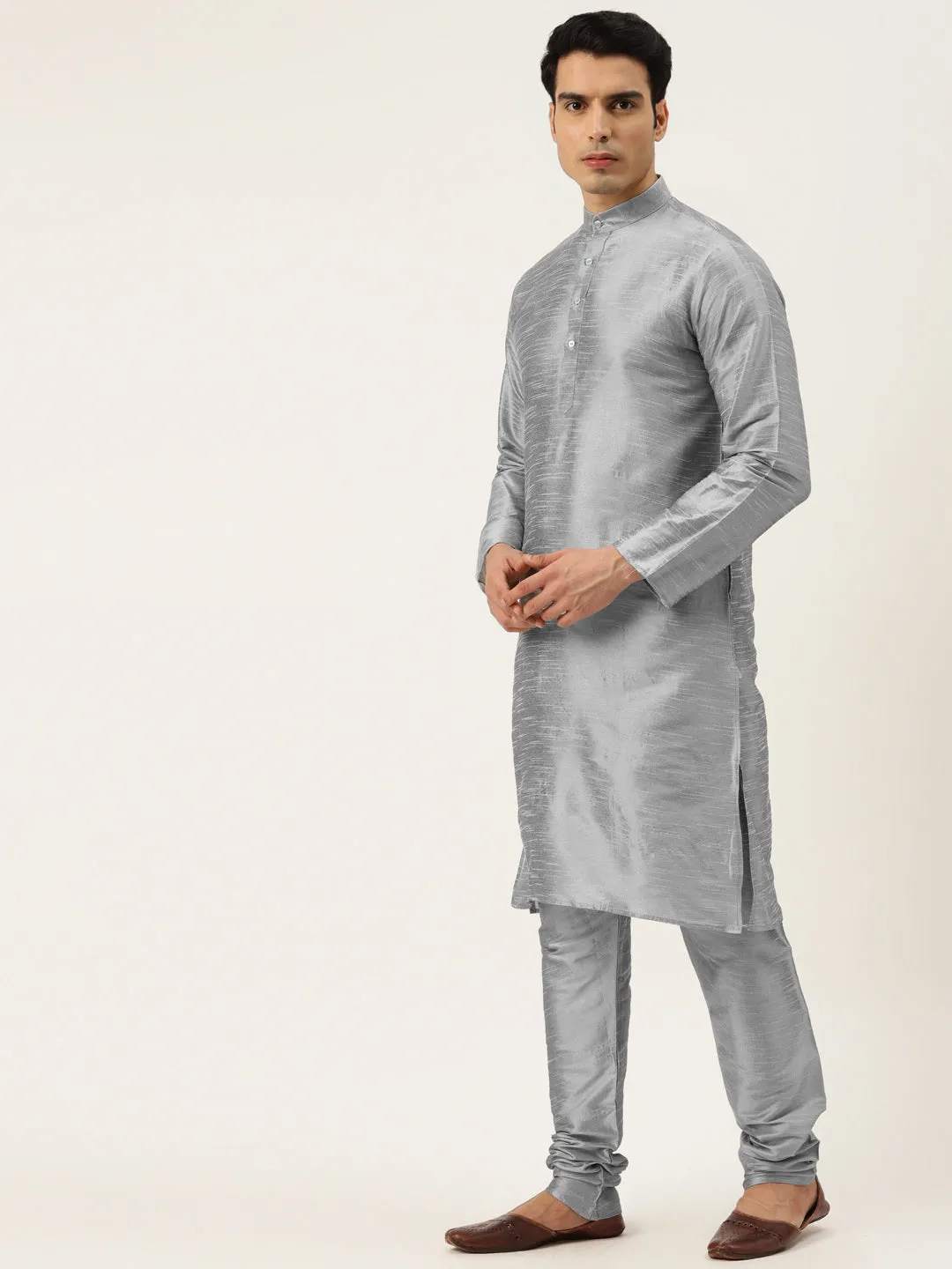 Men's Silk Blend Grey Kurta Pyjama & Black Sherwani Set - Sojanya