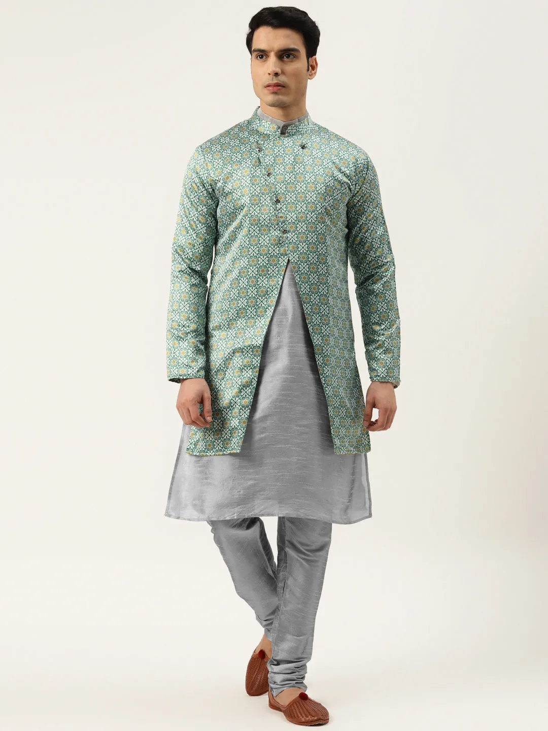 Men's Silk Blend Grey Kurta Pyjama & Green Sherwani Set - Sojanya