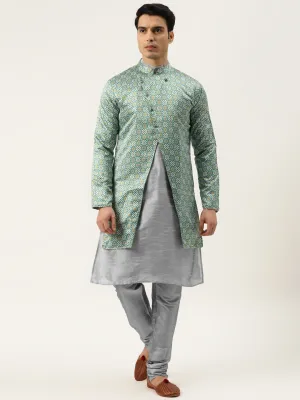 Men's Silk Blend Grey Kurta Pyjama & Green Sherwani Set - Sojanya