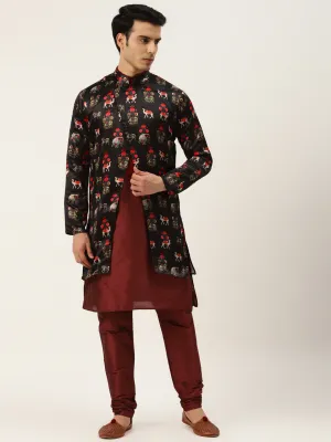 Men's Silk Blend Maroon Kurta Pyjama & Black Sherwani Set - Sojanya