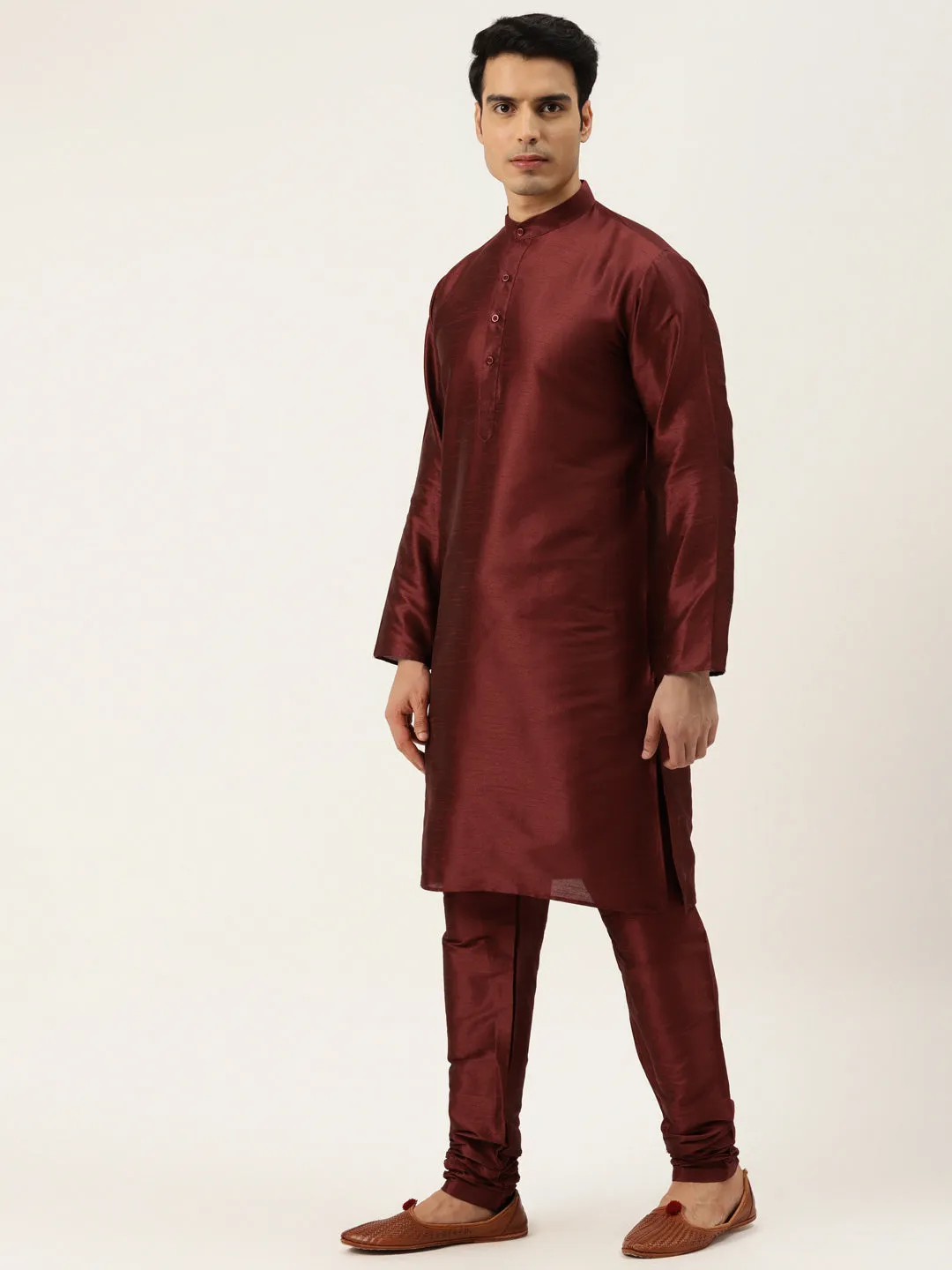 Men's Silk Blend Maroon Kurta Pyjama & Black Sherwani Set - Sojanya