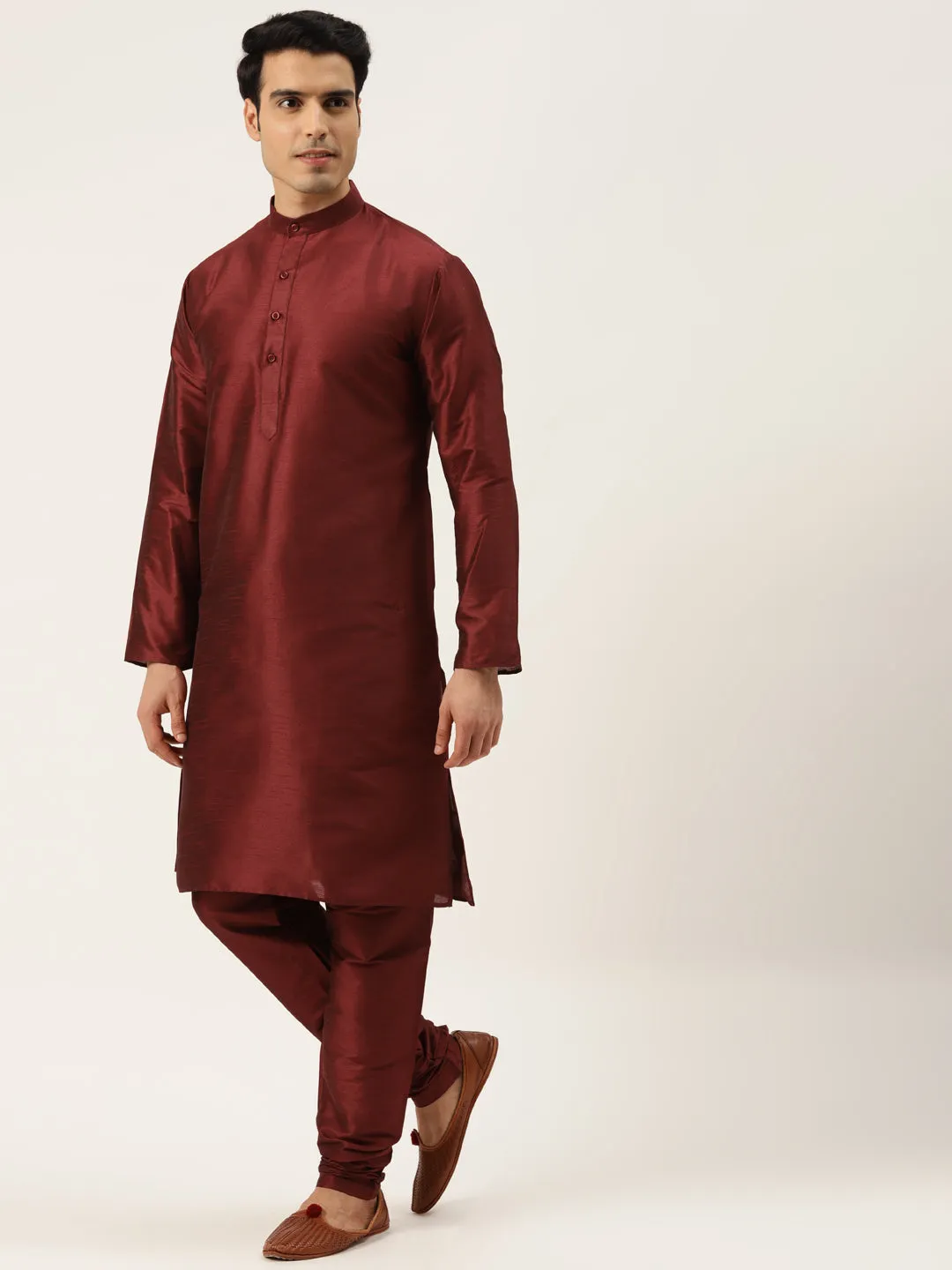 Men's Silk Blend Maroon Kurta Pyjama & Gold Sherwani Set - Sojanya