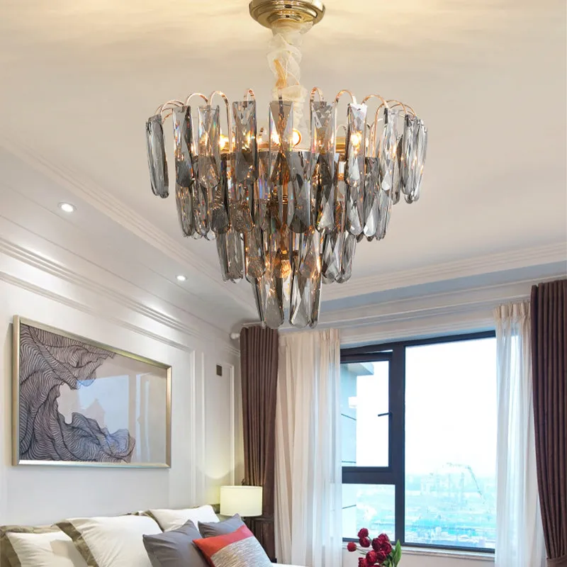 Modern Crystal Tiered Chandelier Lamp - Clear/Smoke Gray, 7-Light Pendant for Bedroom