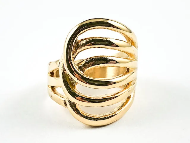 Modern Layered Crossover Geometric Design Shiny Metallic Gold Tone Steel Ring