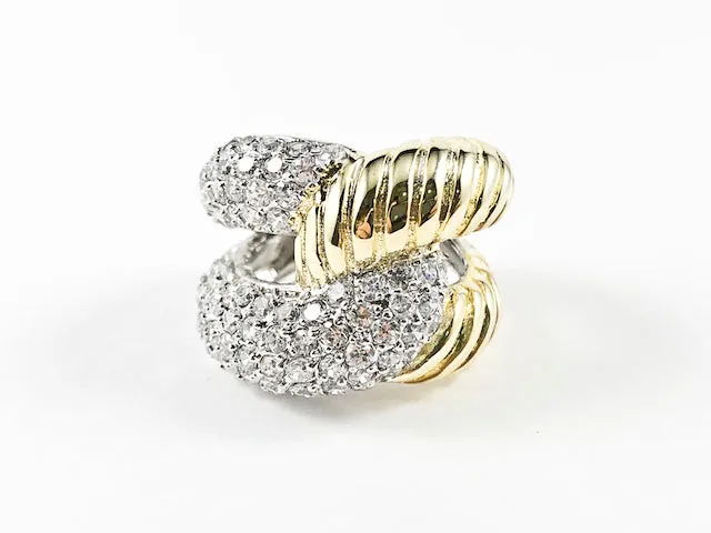 Modern Thick Crossover Design CZ & Shiny Metallic Gold Tone Steel Ring