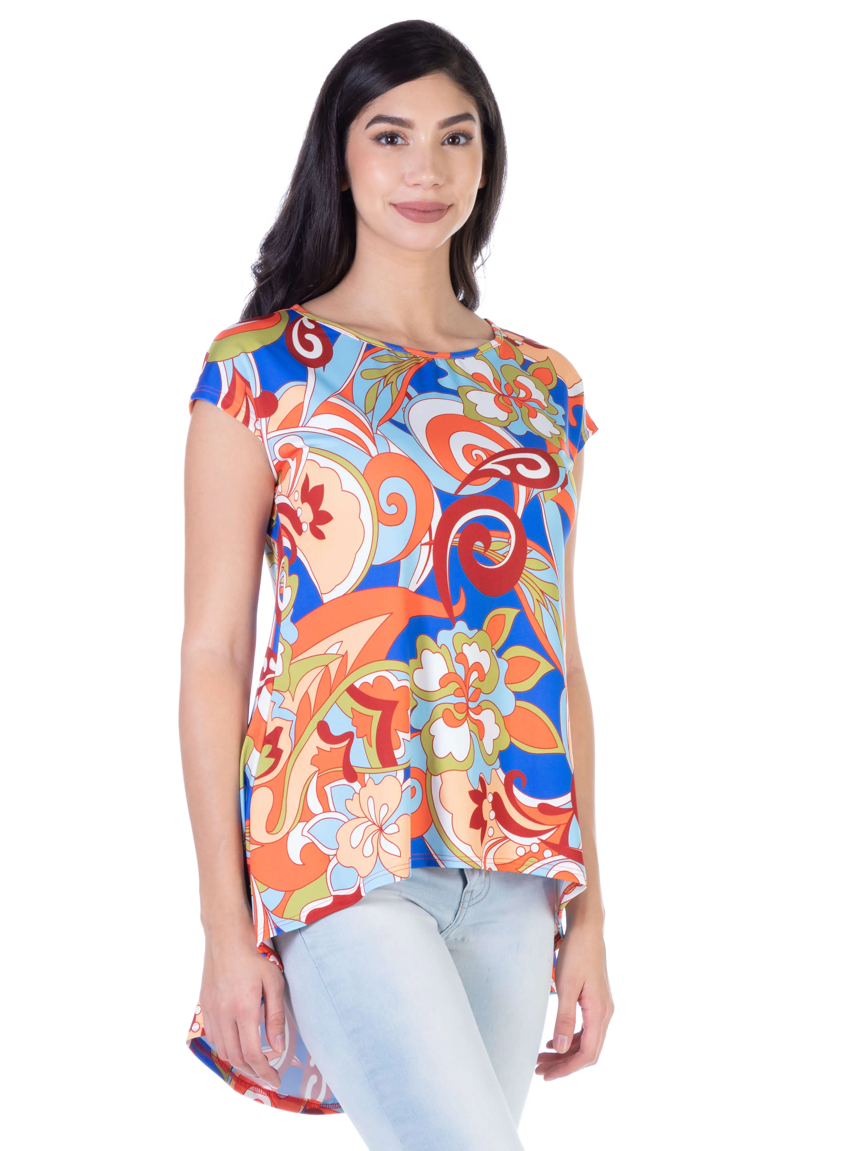 Multicolor Floral Short Sleeve High Low Tunic Top