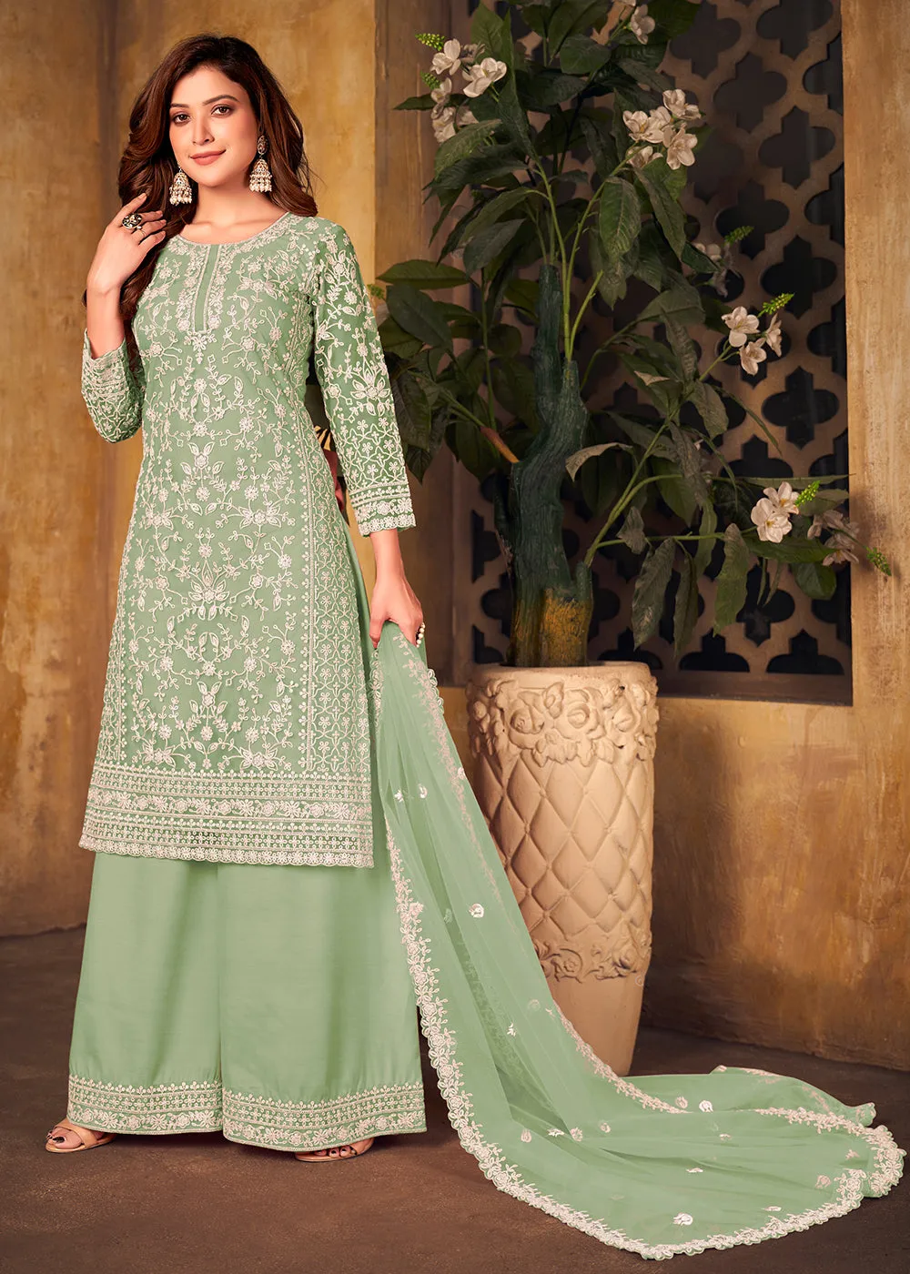 Net Mint Green Ceremonial Embroidered Palazzo Suit