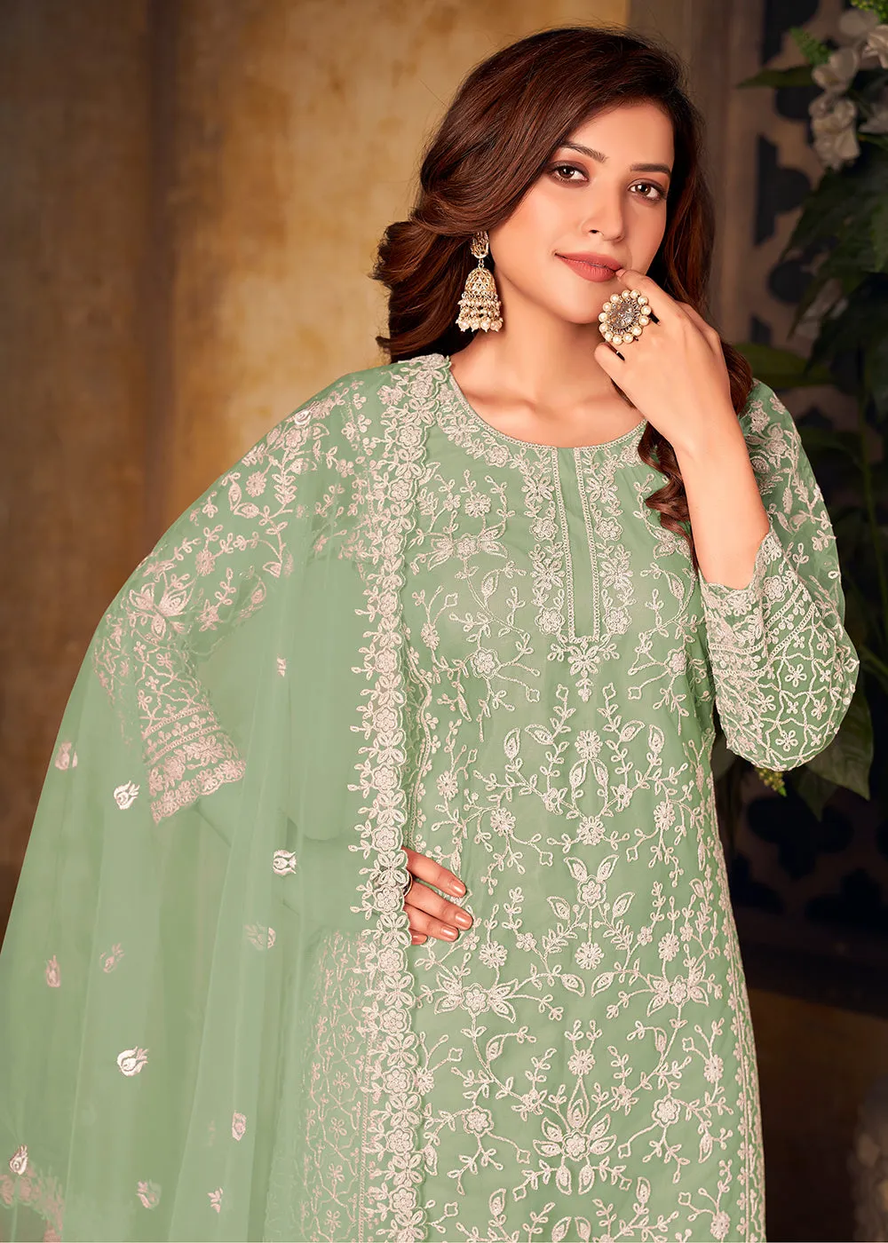 Net Mint Green Ceremonial Embroidered Palazzo Suit