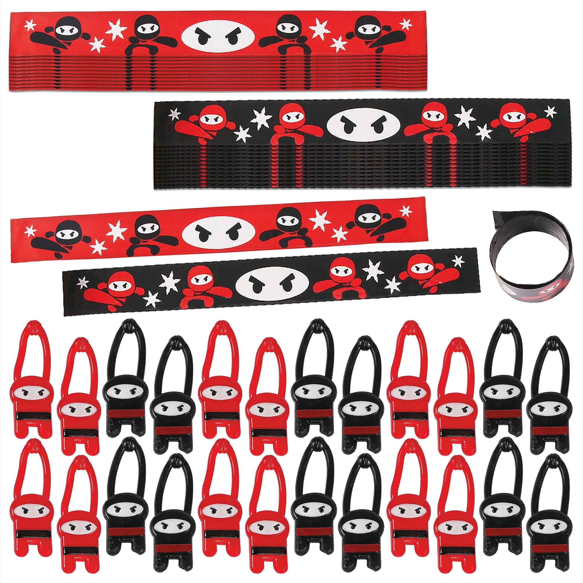 Ninja Party Favors - Red and Black Ninja Slap Bracelets and Stretchy Flying Ninjas for 24 Guests