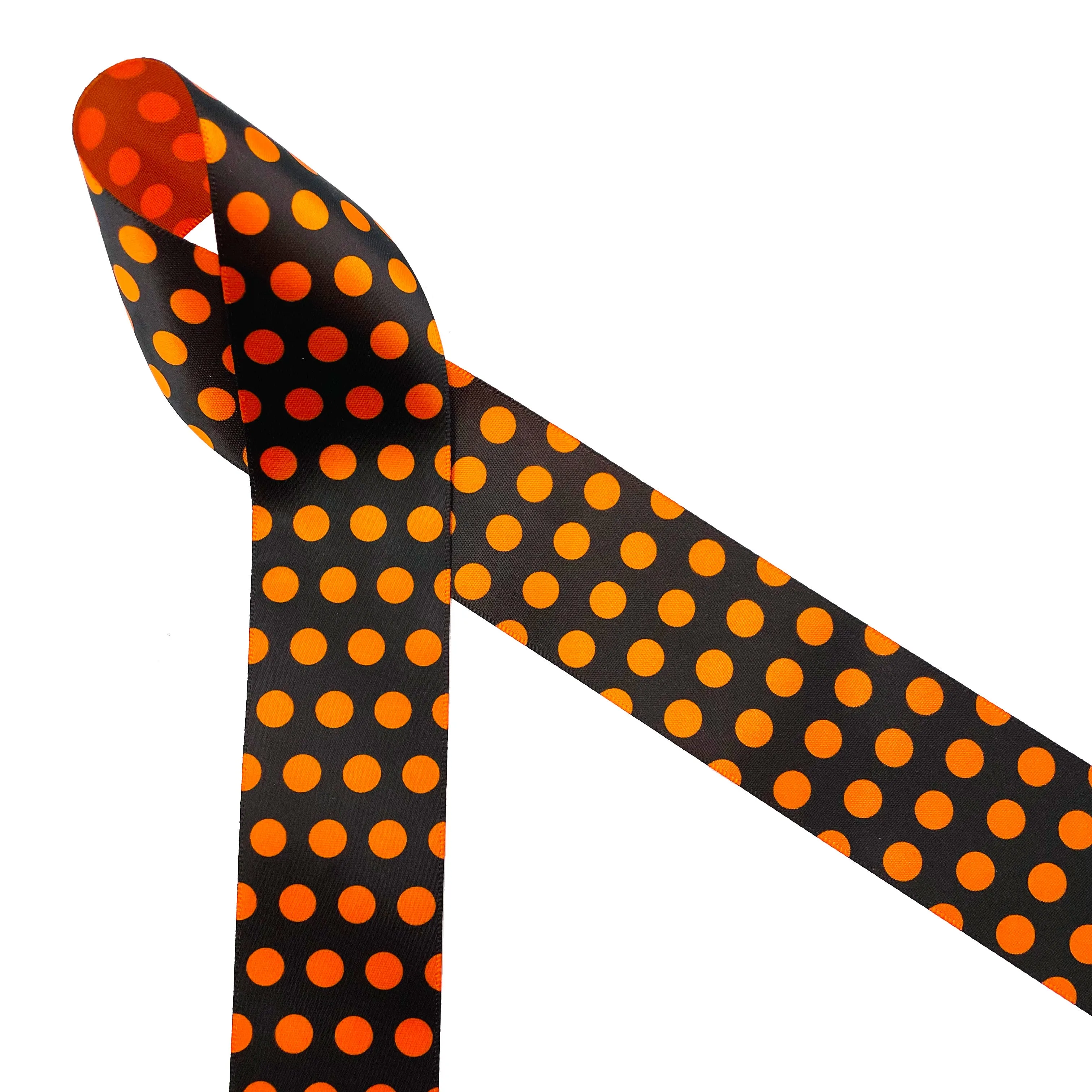 Orange Polka Dot ribbon on  orange on black for Halloween treats  printed on 5/8", 7/8" and 1.5"  orange satin