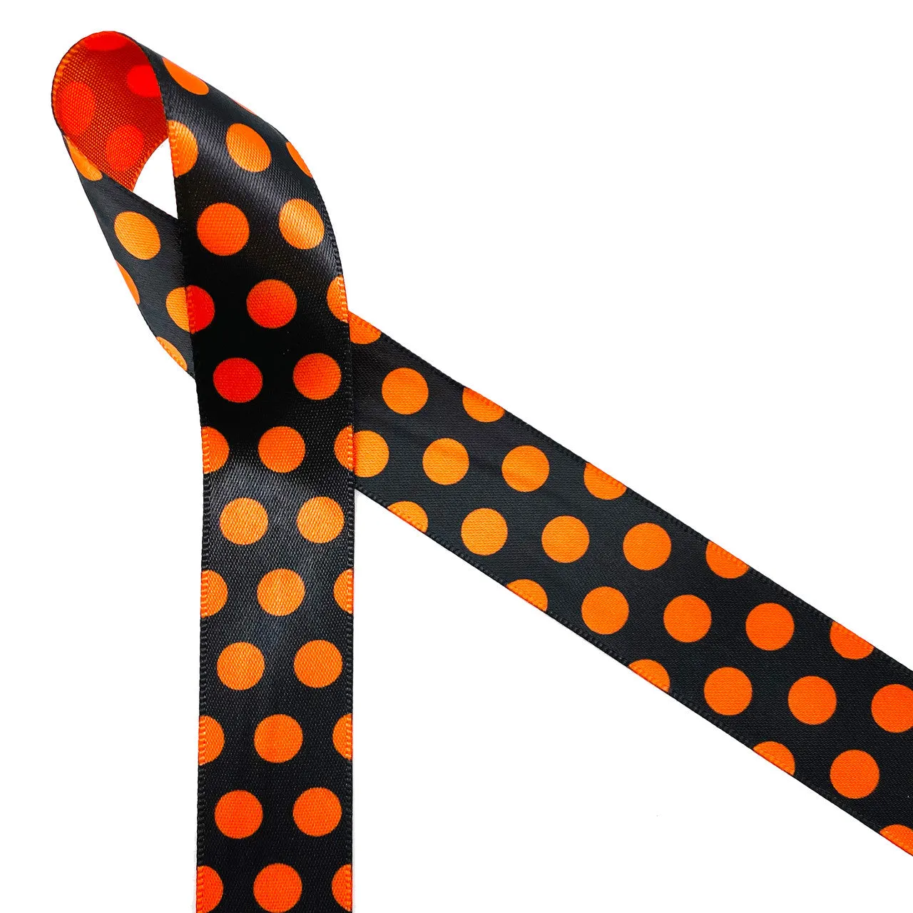 Orange Polka Dot ribbon on  orange on black for Halloween treats  printed on 5/8", 7/8" and 1.5"  orange satin