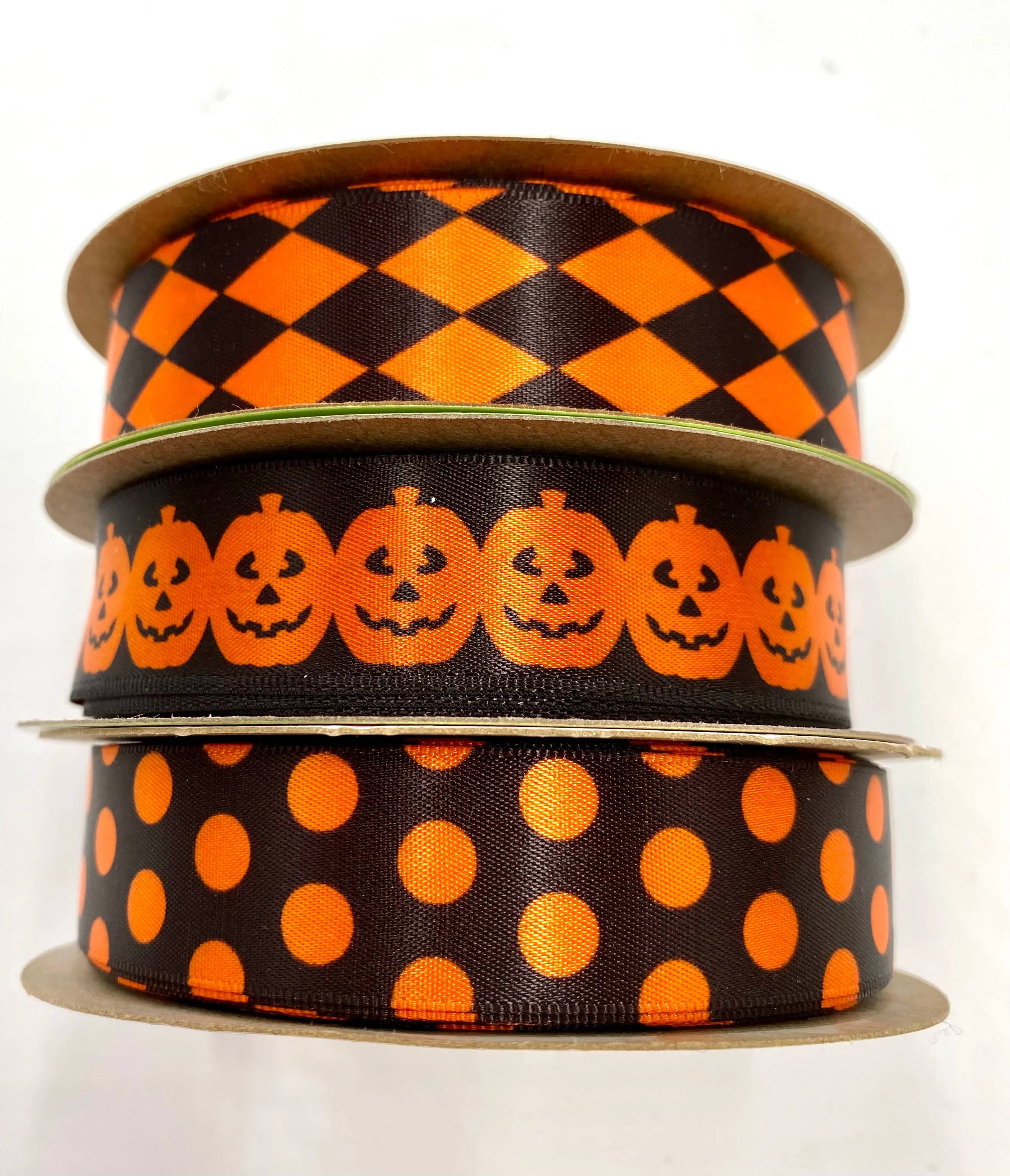 Orange Polka Dot ribbon on  orange on black for Halloween treats  printed on 5/8", 7/8" and 1.5"  orange satin