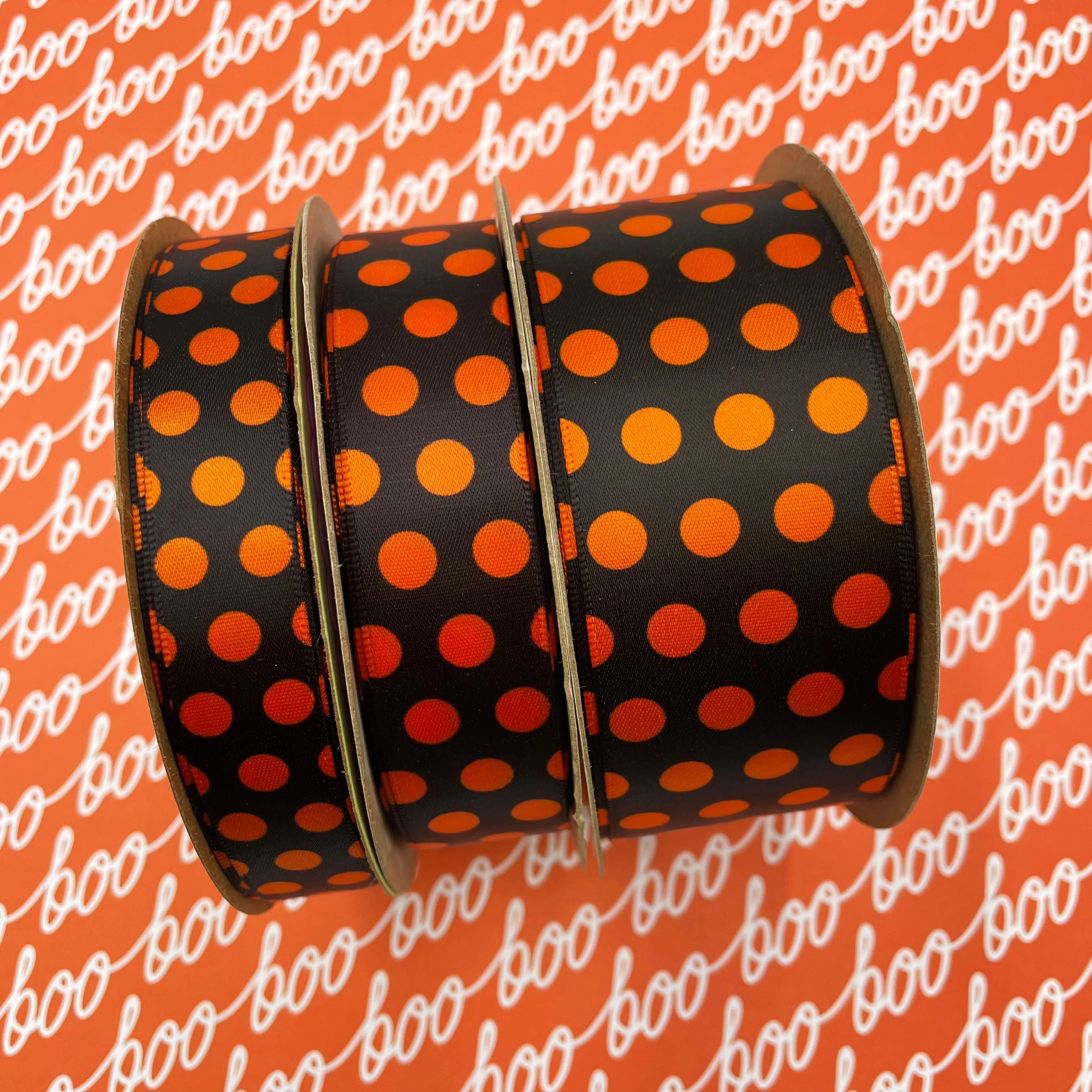 Orange Polka Dot ribbon on  orange on black for Halloween treats  printed on 5/8", 7/8" and 1.5"  orange satin