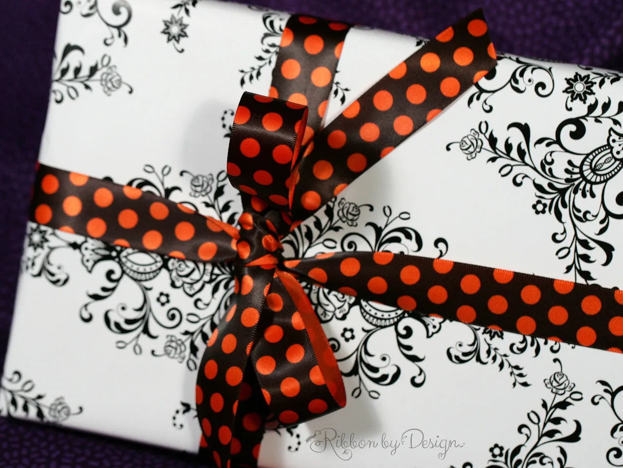 Orange Polka Dot ribbon on  orange on black for Halloween treats  printed on 5/8", 7/8" and 1.5"  orange satin