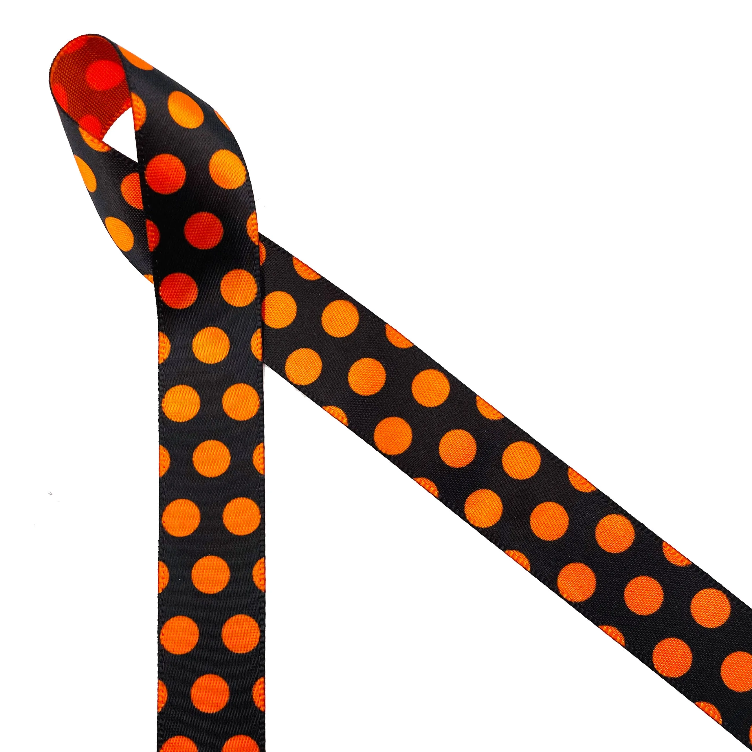 Orange Polka Dot ribbon on  orange on black for Halloween treats  printed on 5/8", 7/8" and 1.5"  orange satin