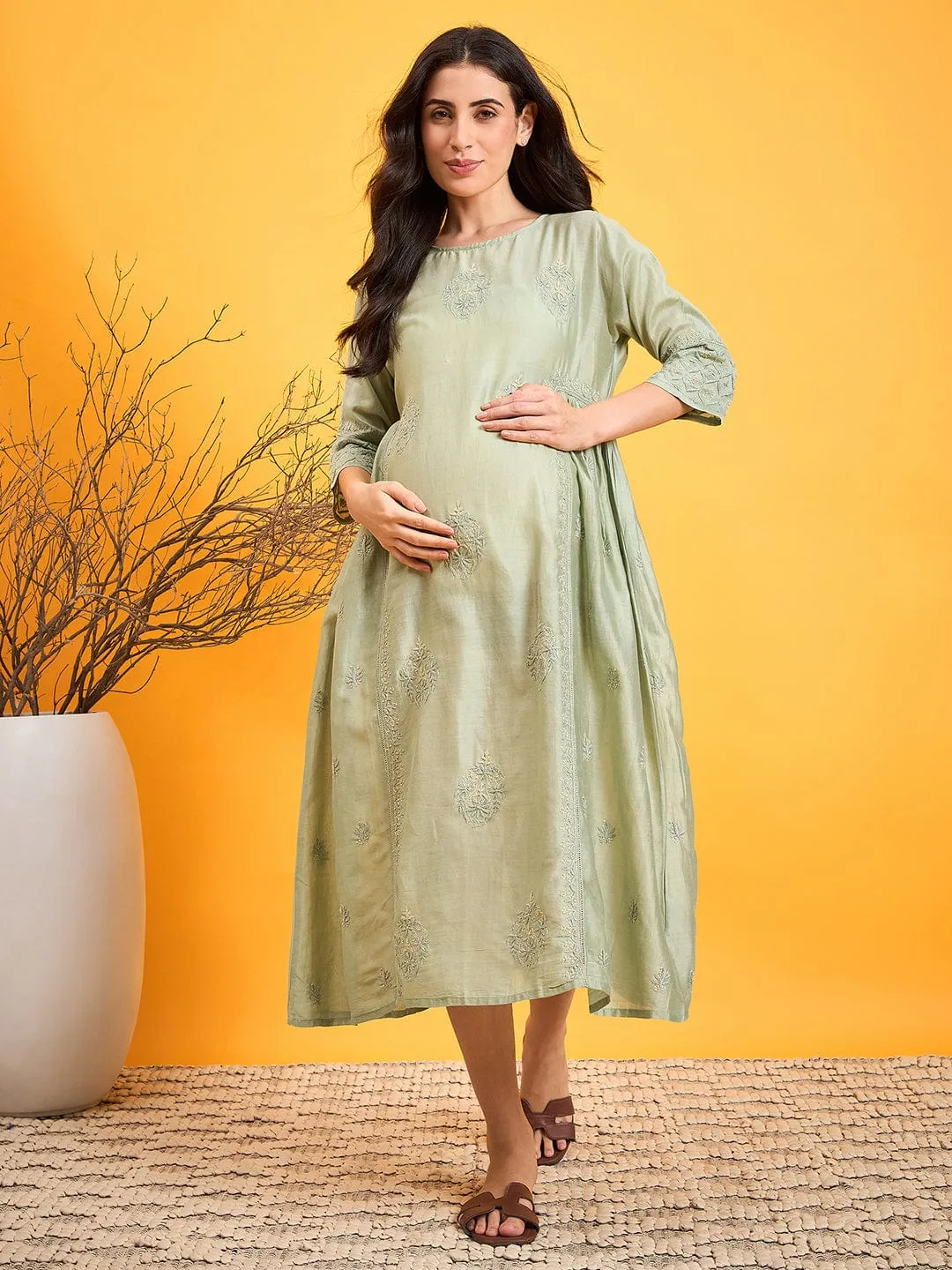 Pastel Green Chikankari Maternity Dress