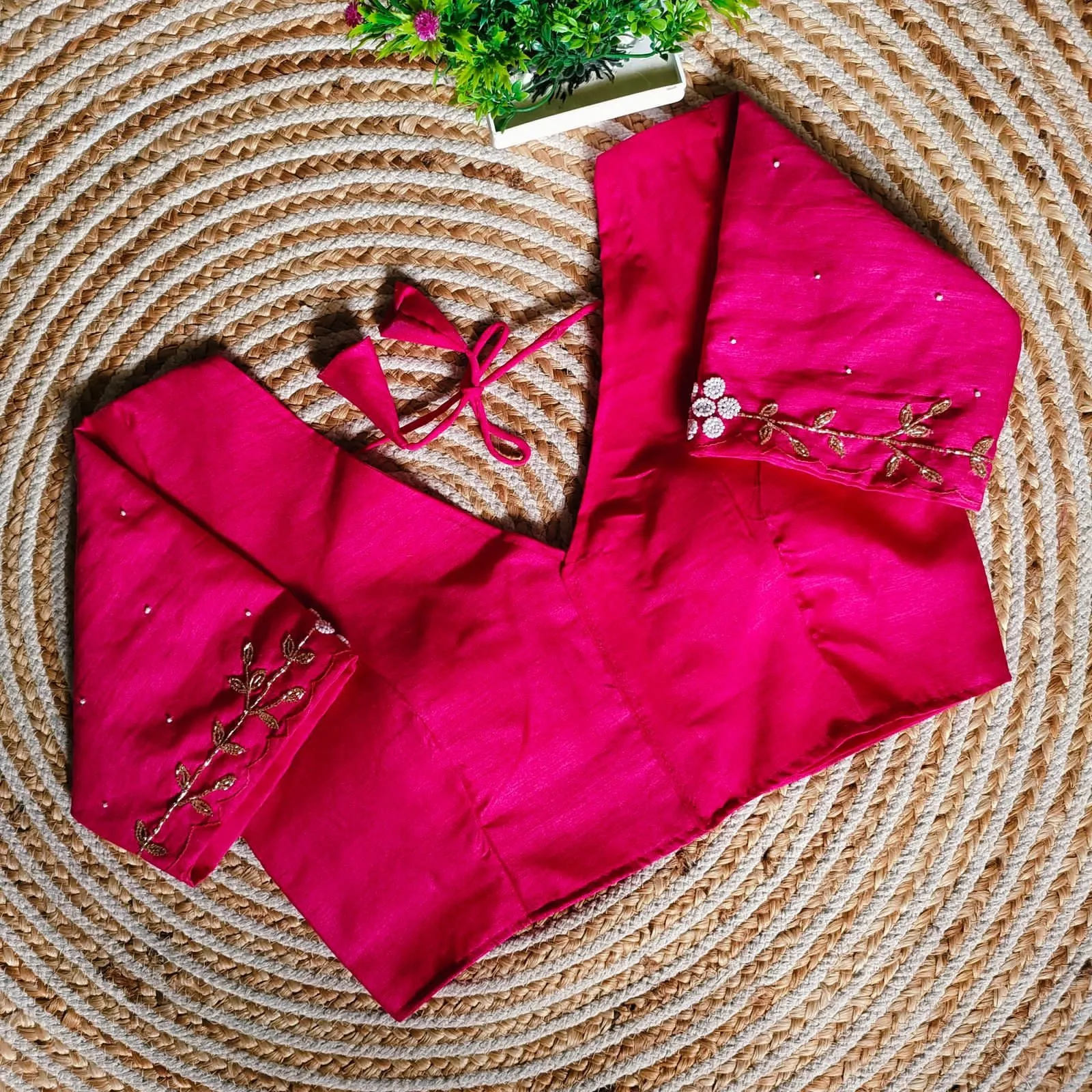 Pink Festival Wear Blouse in Assami Silk with Handcrafted Golden and Pearl Work