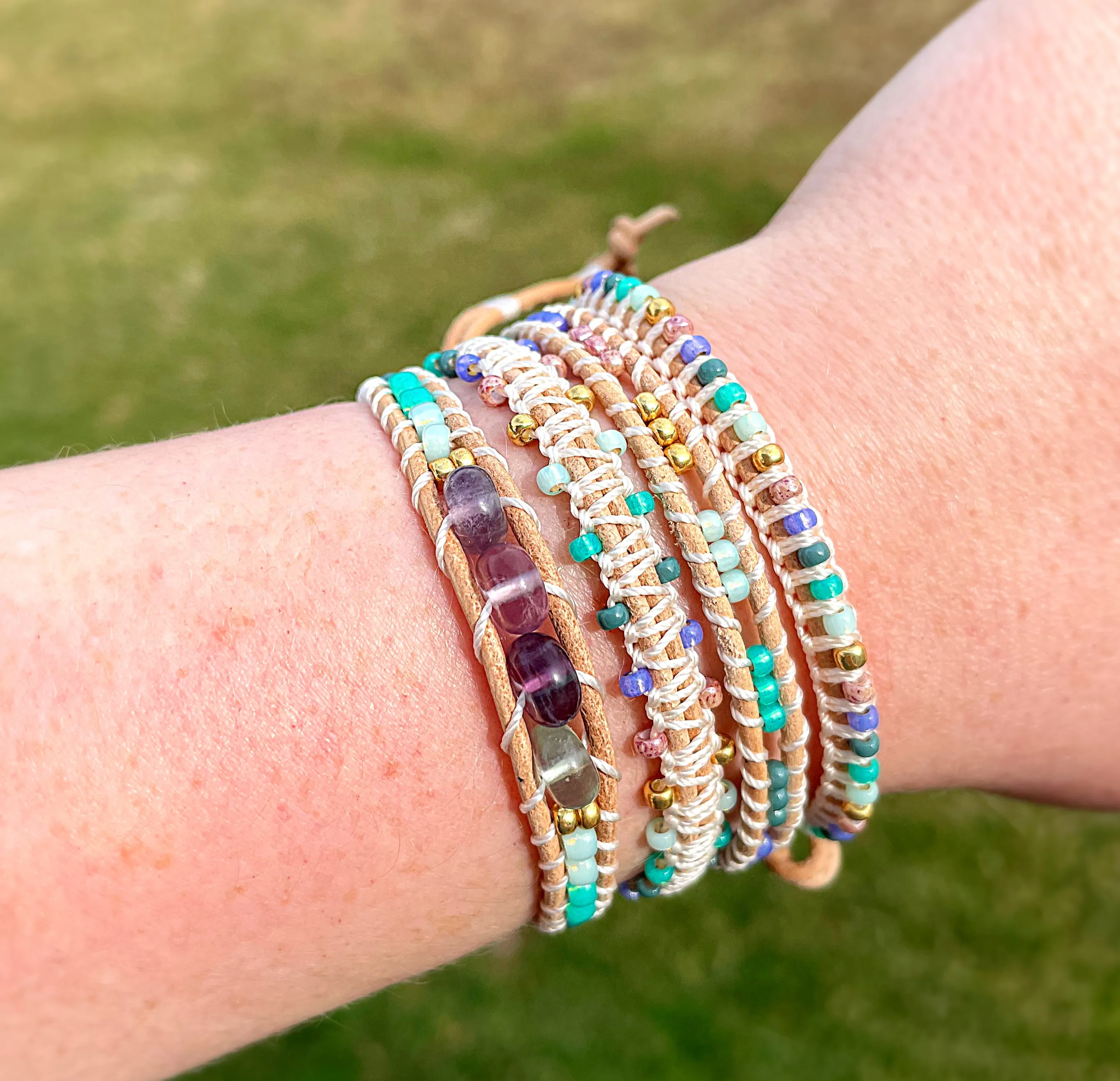 Purple, Green, and Gold Fluorite Leather Beaded Macrame Bracelet