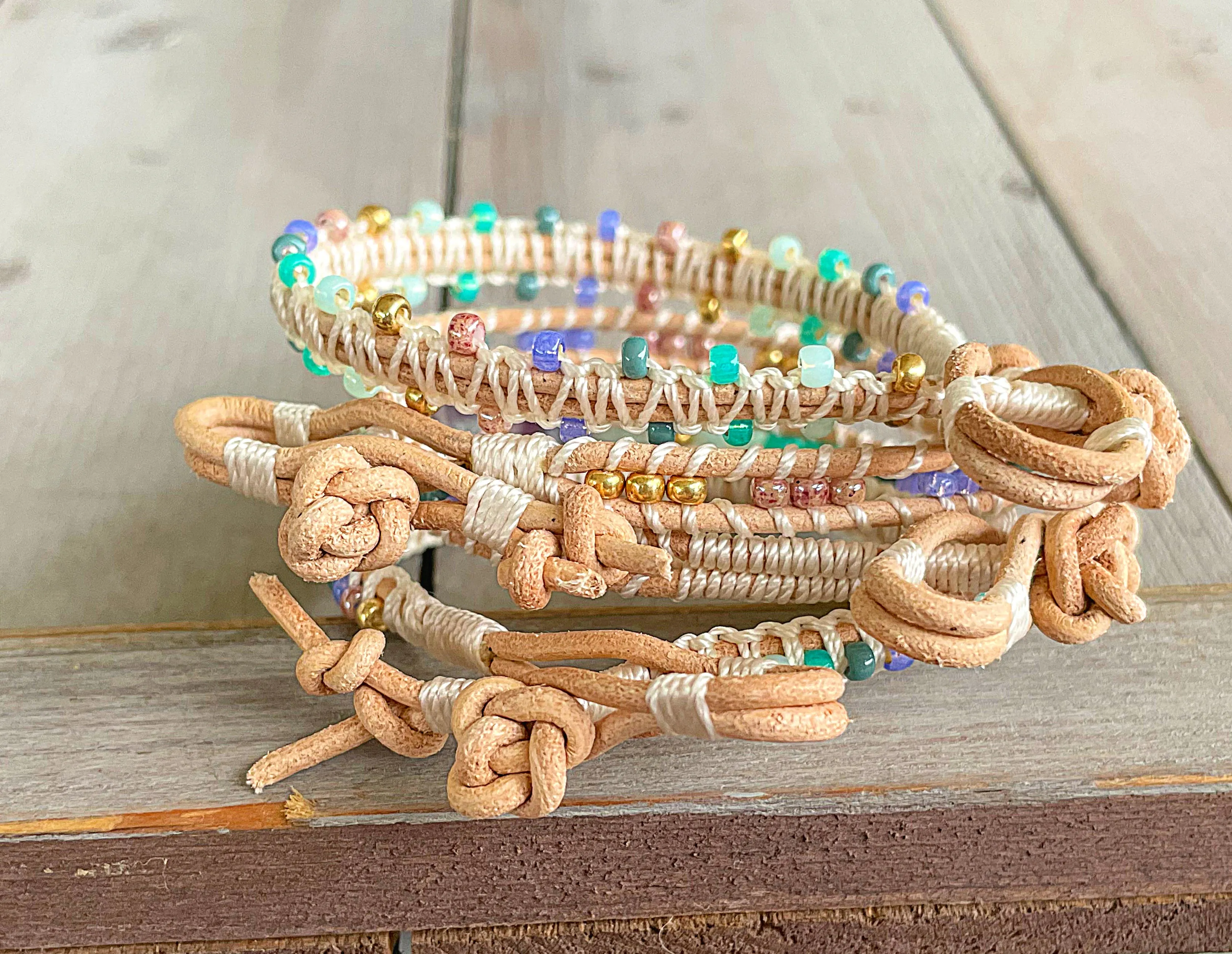 Purple, Green, and Gold Fluorite Leather Beaded Macrame Bracelet