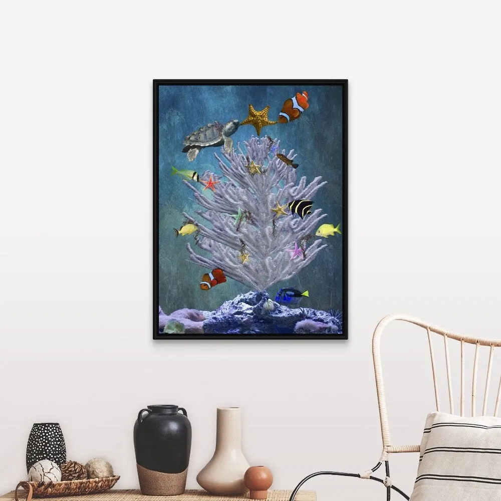 "A coral with fish swimming around it" Black Float Frame Canvas Art