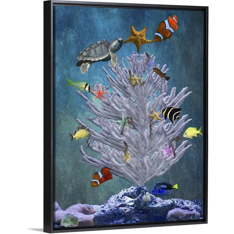 "A coral with fish swimming around it" Black Float Frame Canvas Art