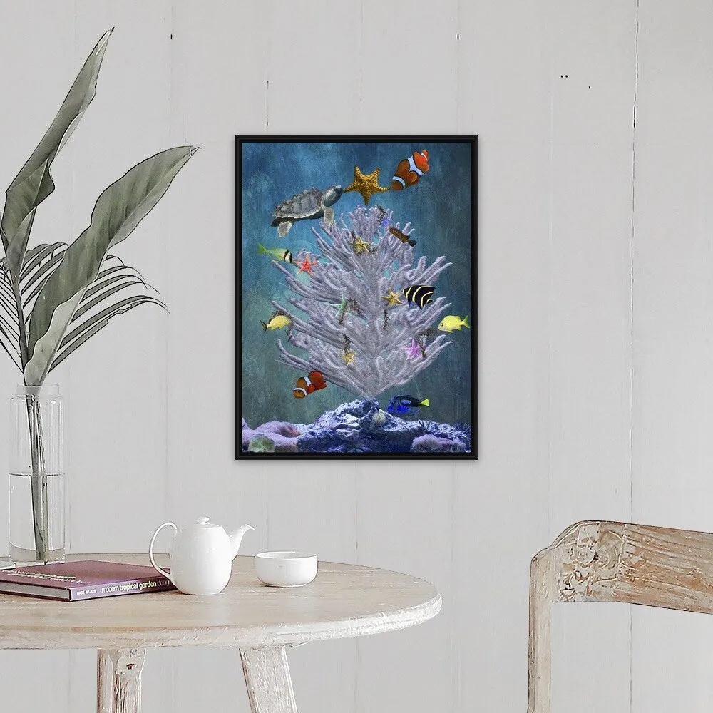 "A coral with fish swimming around it" Black Float Frame Canvas Art