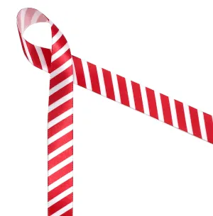 Red Stripe ribbon red diagonal stripes printed on 7/8" white single face satin