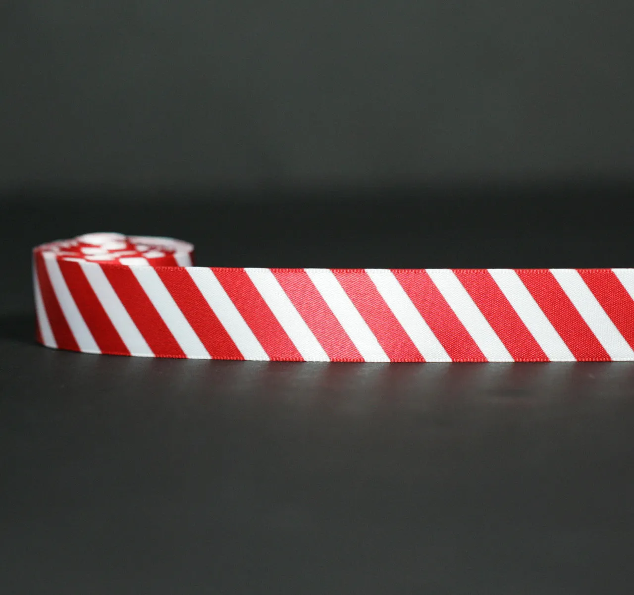 Red Stripe ribbon red diagonal stripes printed on 7/8" white single face satin