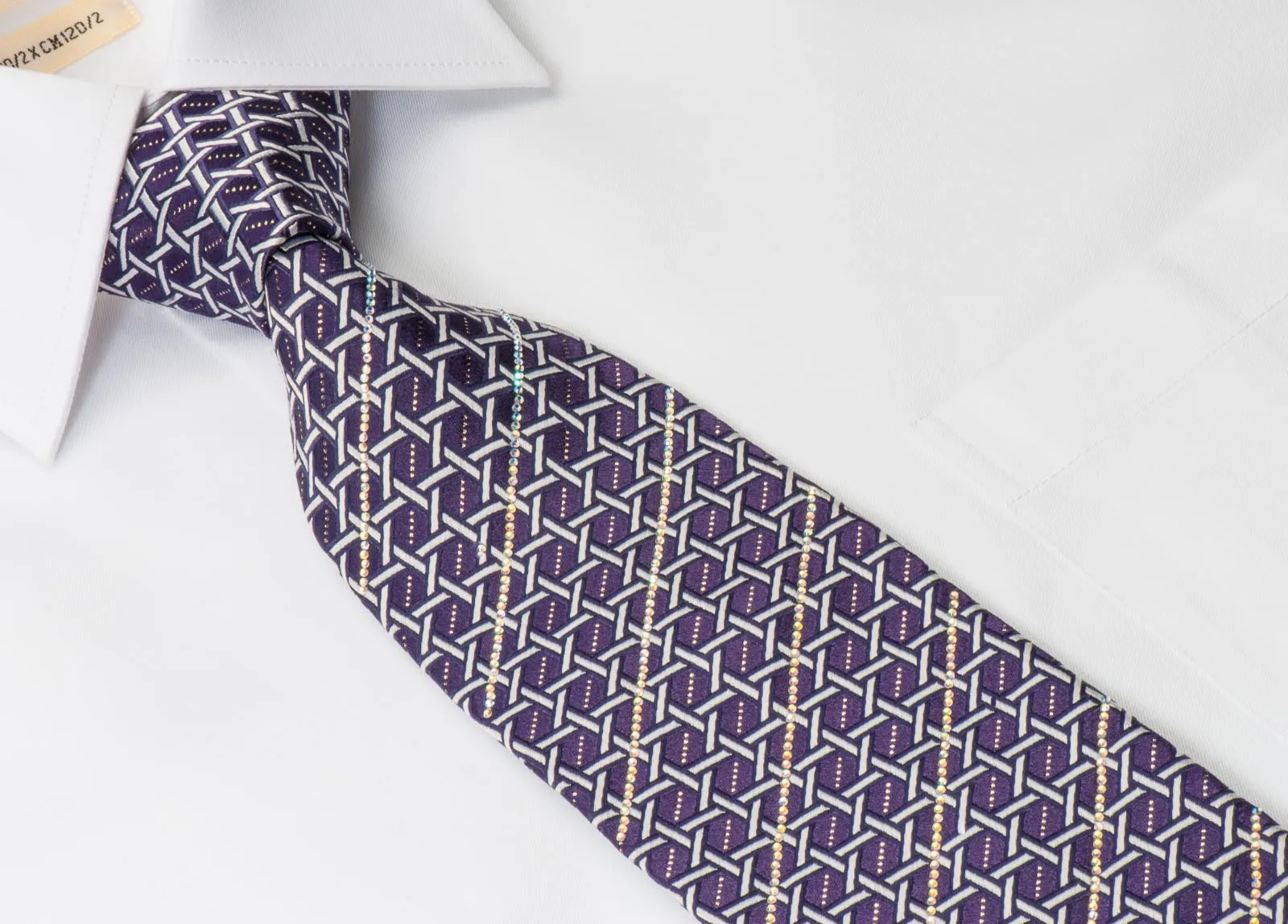 Rhinestone Silk Necktie By Premierlux Silver Lattice On Purple With Silver Sparkles