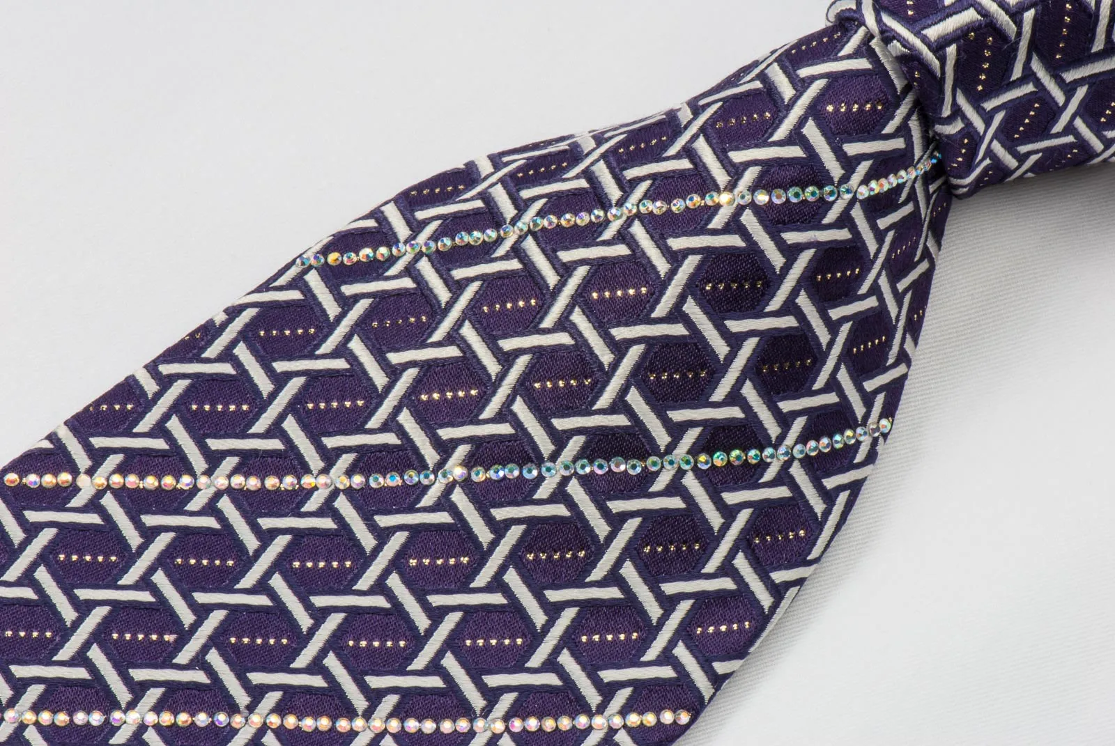 Rhinestone Silk Necktie By Premierlux Silver Lattice On Purple With Silver Sparkles