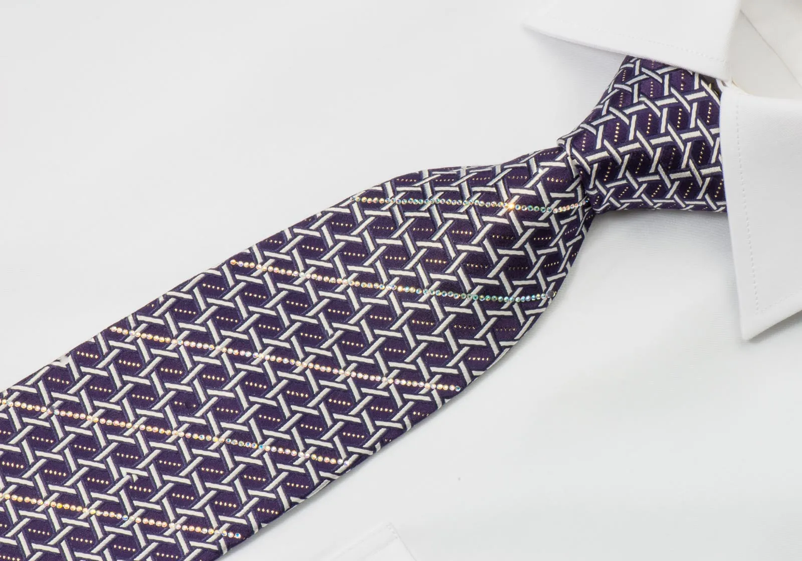 Rhinestone Silk Necktie By Premierlux Silver Lattice On Purple With Silver Sparkles