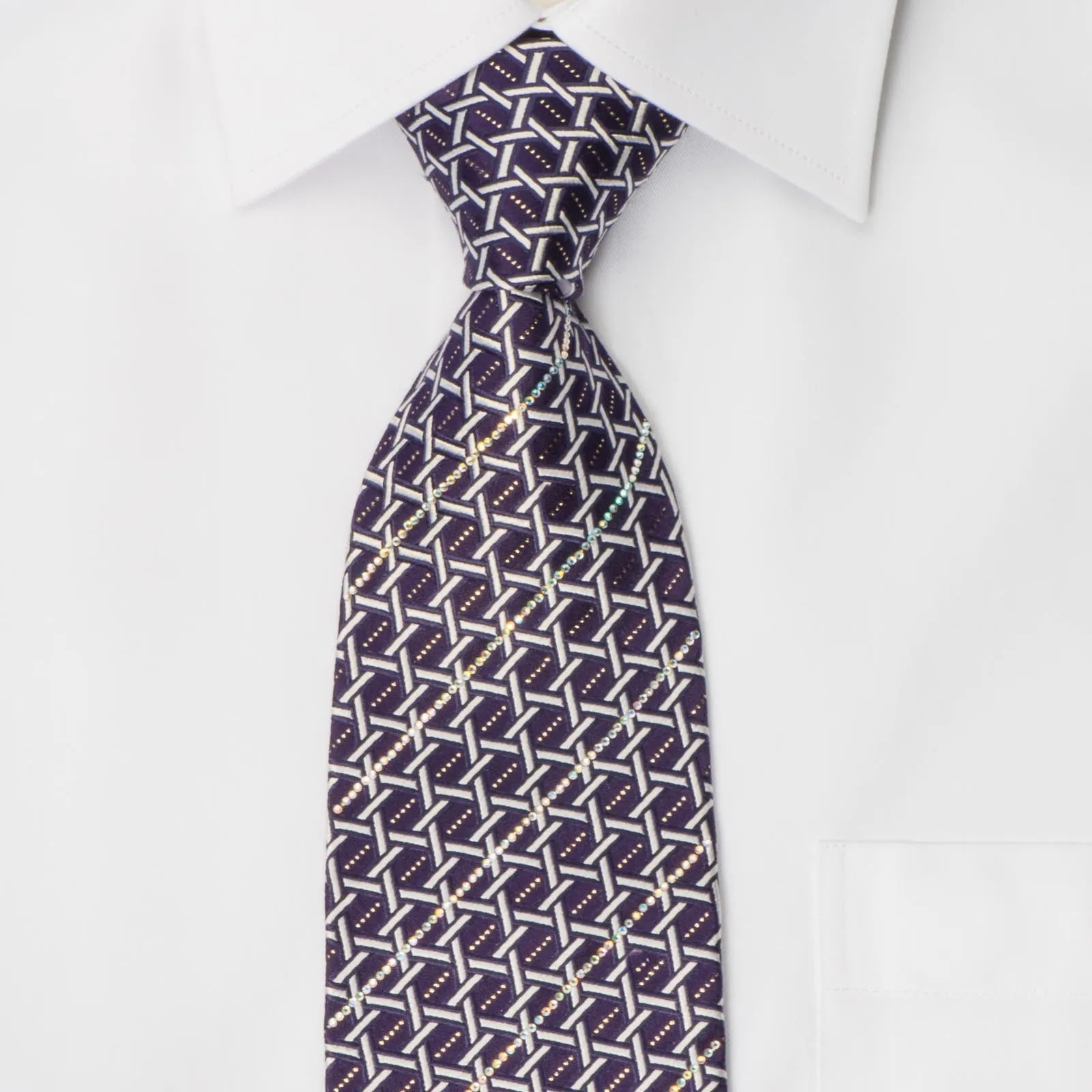 Rhinestone Silk Necktie By Premierlux Silver Lattice On Purple With Silver Sparkles