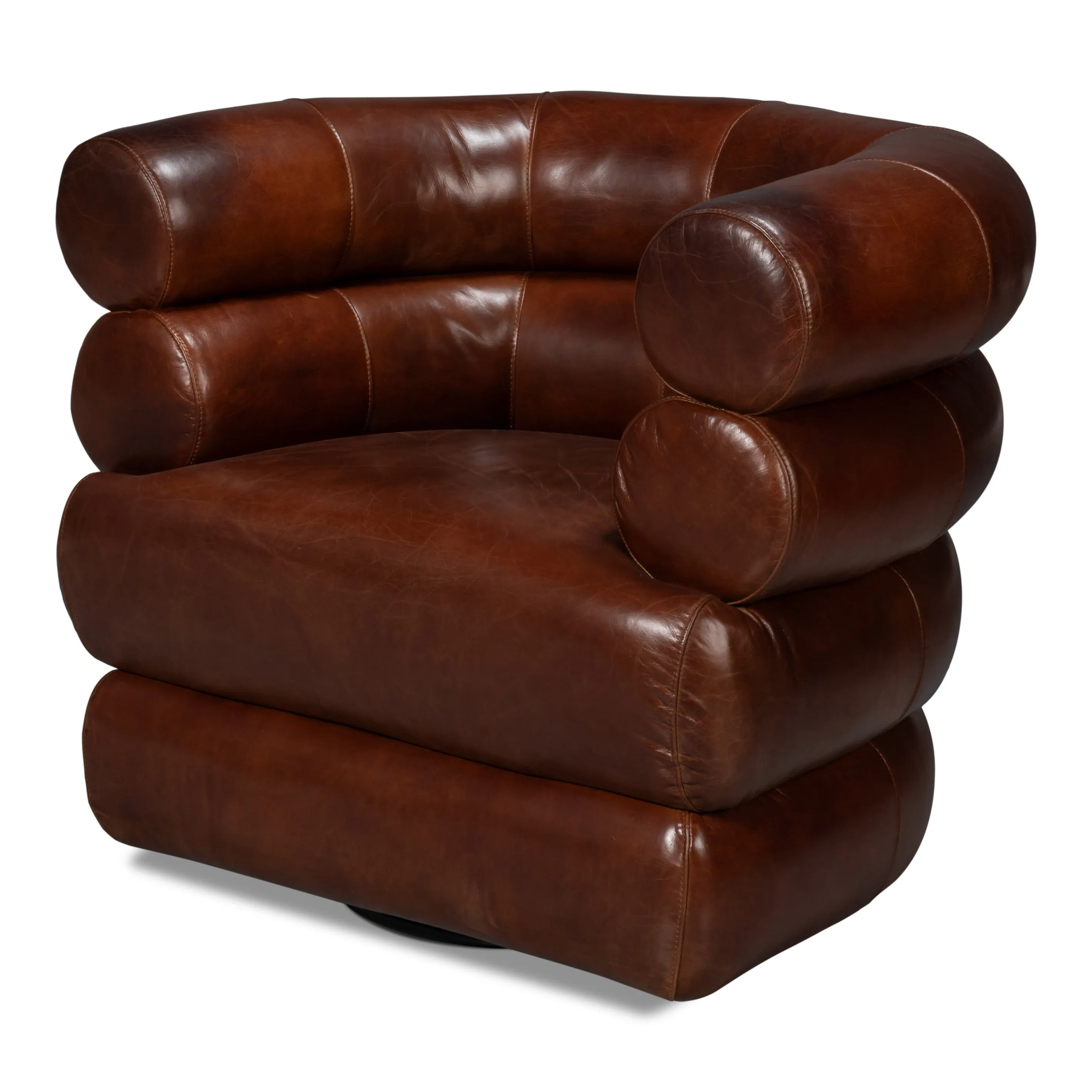 Sarreid - Rondo Leather Swivel Chair Brown - Brown - Contemporary