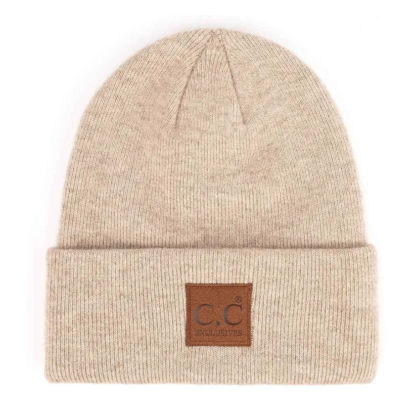 Soft Ribbed Leather Patch Beanie