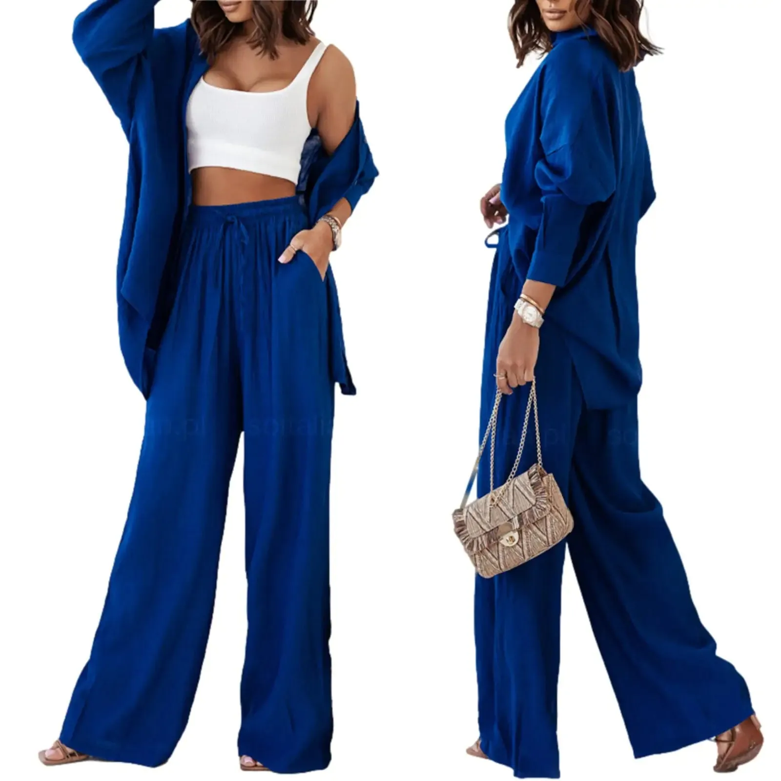 Solid 2-Piece Set: Blouse and Pants