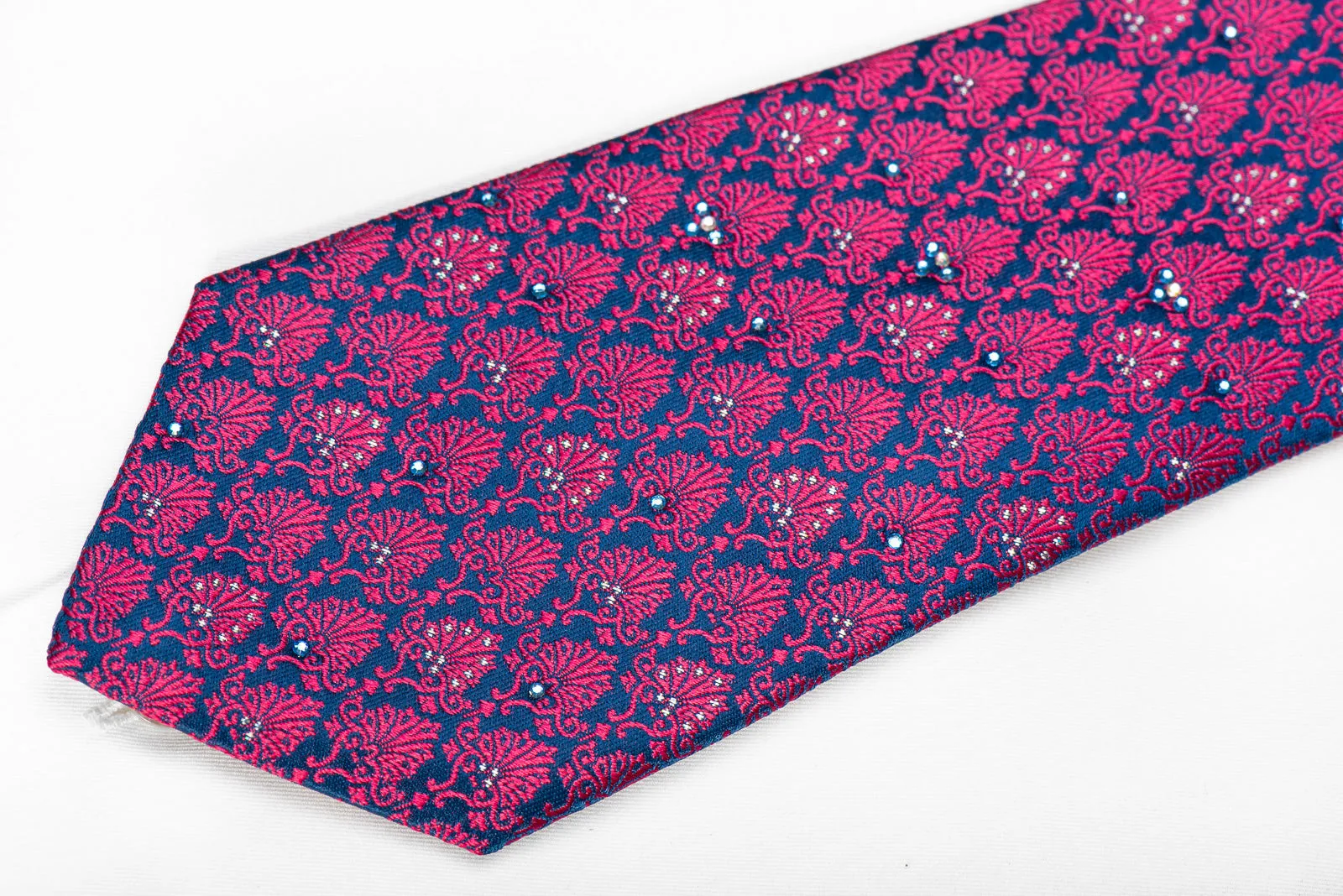 Solus Mens Crystal Silk Necktie Pink Anthemion On Blue With Silver Sparkles