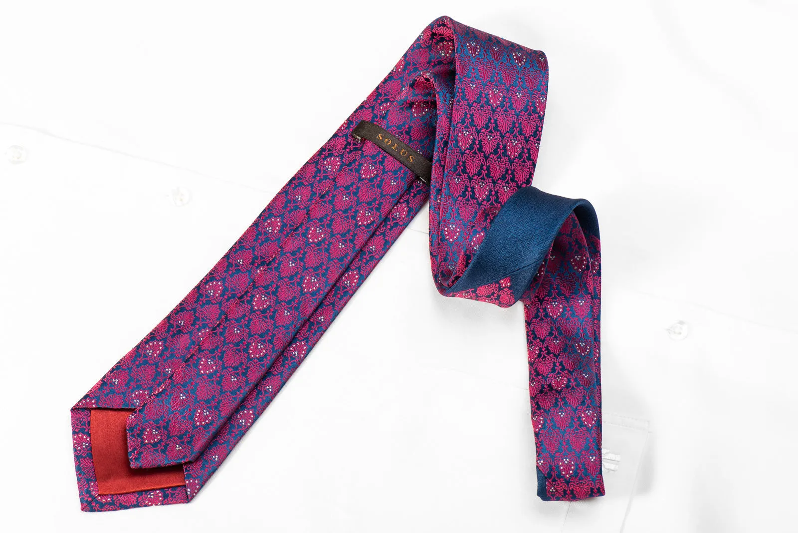 Solus Mens Crystal Silk Necktie Pink Anthemion On Blue With Silver Sparkles